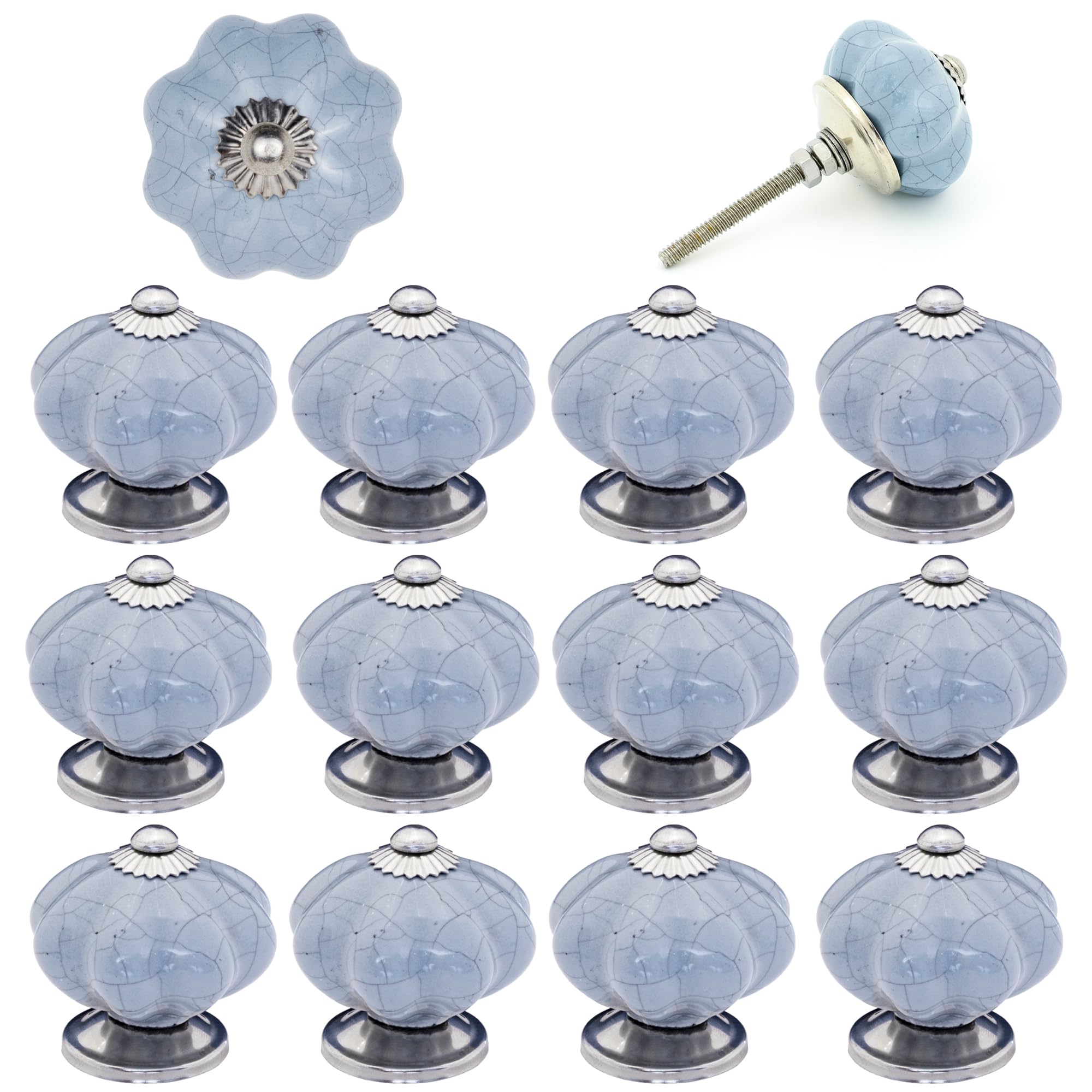 ETHNICITI Pack of 12 Pumpkin Grey Crackle 40mm Ceramic Door Knobs Vintage Shabby Chic, Wardrobe Cabinet Cupboard Drawer Interior Furniture Pulls Handles Bedroom Dresser Lounge Kitchen