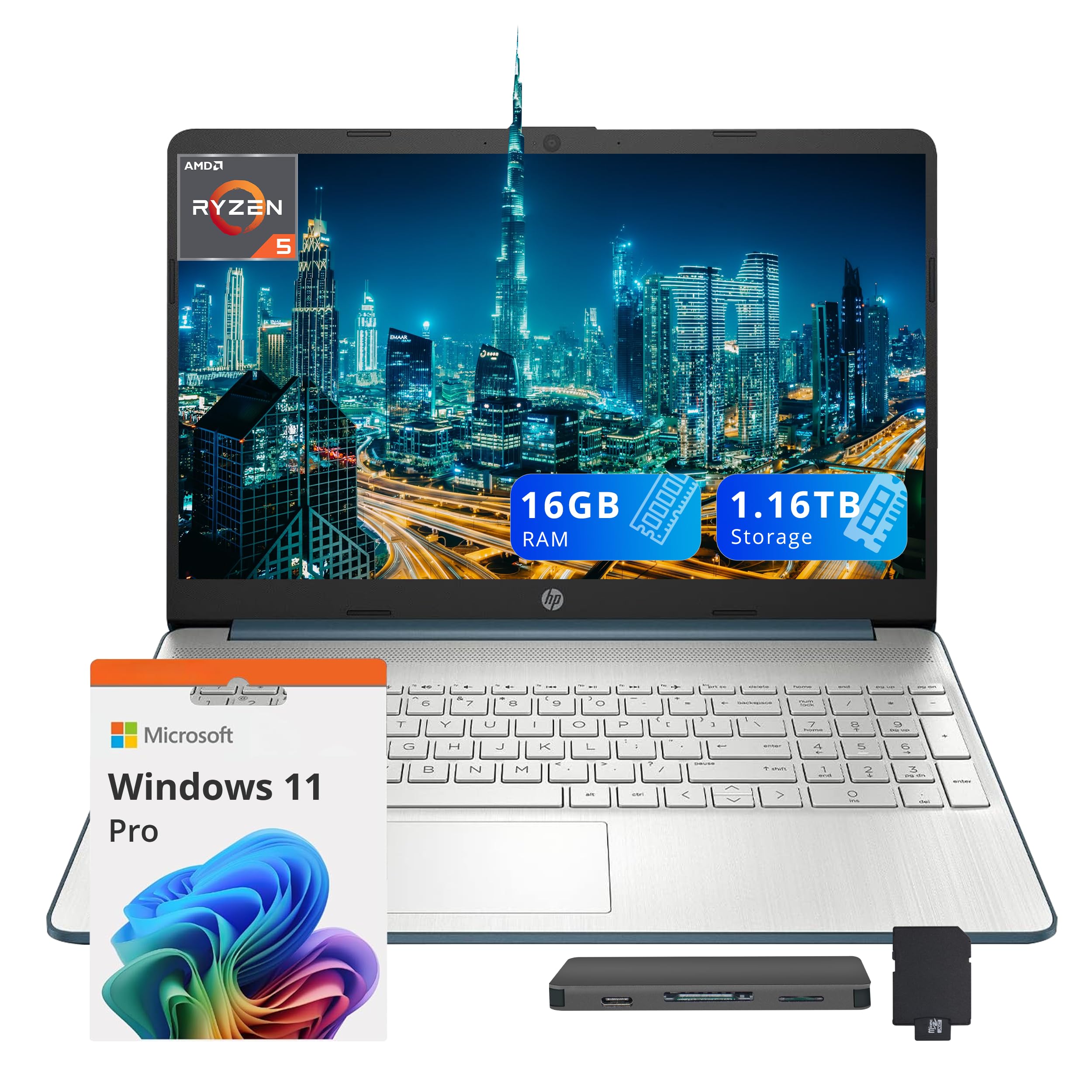 HP 15.6" FHD Laptop, AMD Ryzen 5-5500U, 16GB RAM, 1.16TB Storage (1TB SSD + 160GB Docking Station Set), AMD Radeon Graphics, Num Pad, Webcam, Bluetooth, Wi-Fi 5, Win 11 Pro, Blue