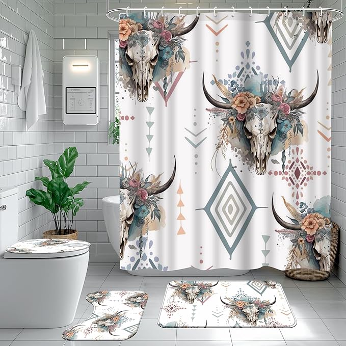 Ticuenicoa Western Cow Skull Shower Curtain Set, 4 Pcs 72x72 Inch Bathroom Decor with Bath Mat, U-Shape Rug, Toilet Lid Cover & 12 Rustic Hooks, Waterproof Anti-Slip Design