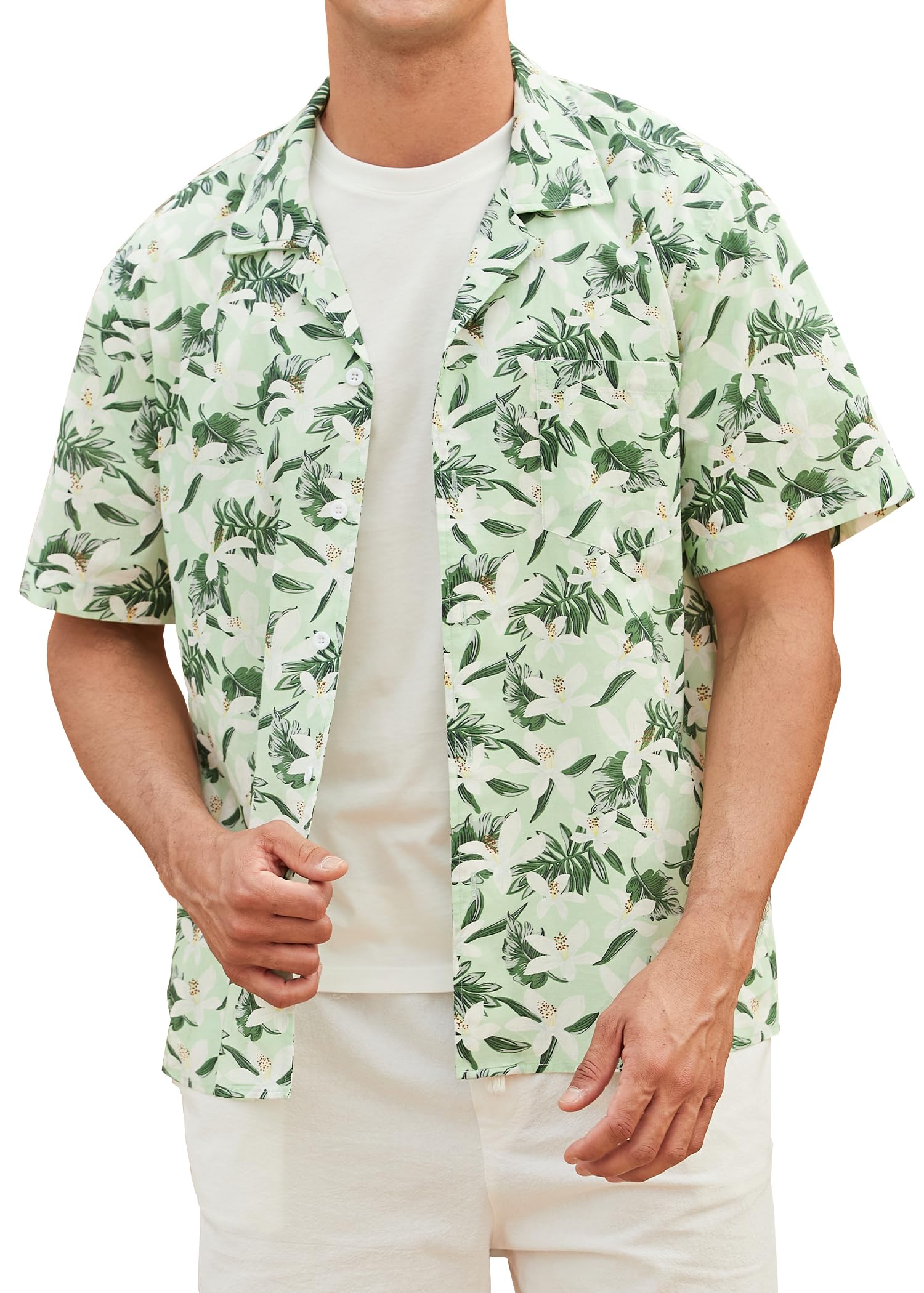 HISDERN Camisa Hawaiana Hombre Manga Corta Verano Camisas Casual para Hombre Algodón Flores Camisa con Bolsillo Delantero para Playa Vacaciones