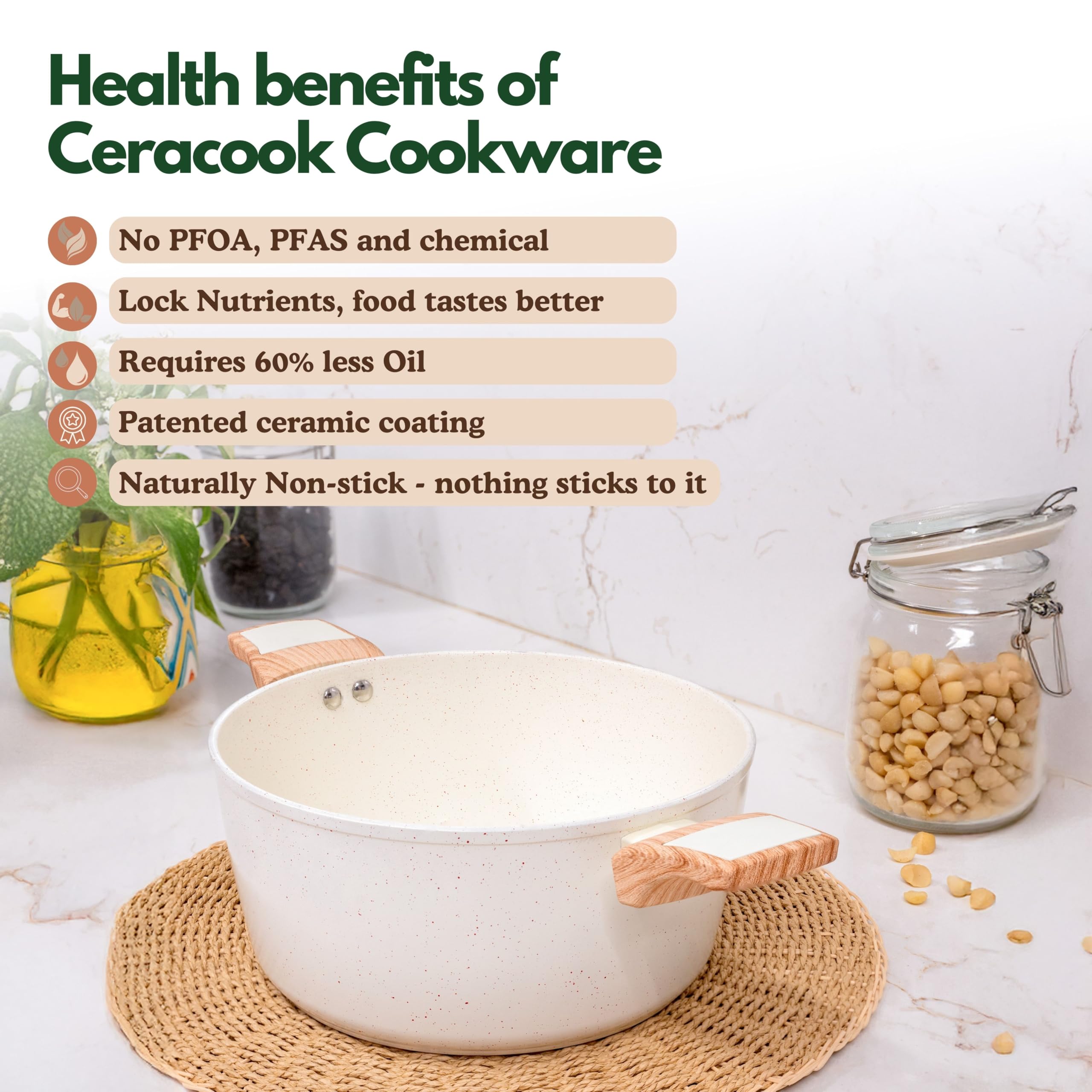 Kreme Ceracook Ceramic Coated Granite Casserole 5.5Ltrs /26cm with Glass Lid, Stew Pot, Biriyani, Rice, ISI Certified, Forged Aluminium, Gas & Induction Use, PFAS & PTFE Free, 1 Yr Warranty, Ivory 1