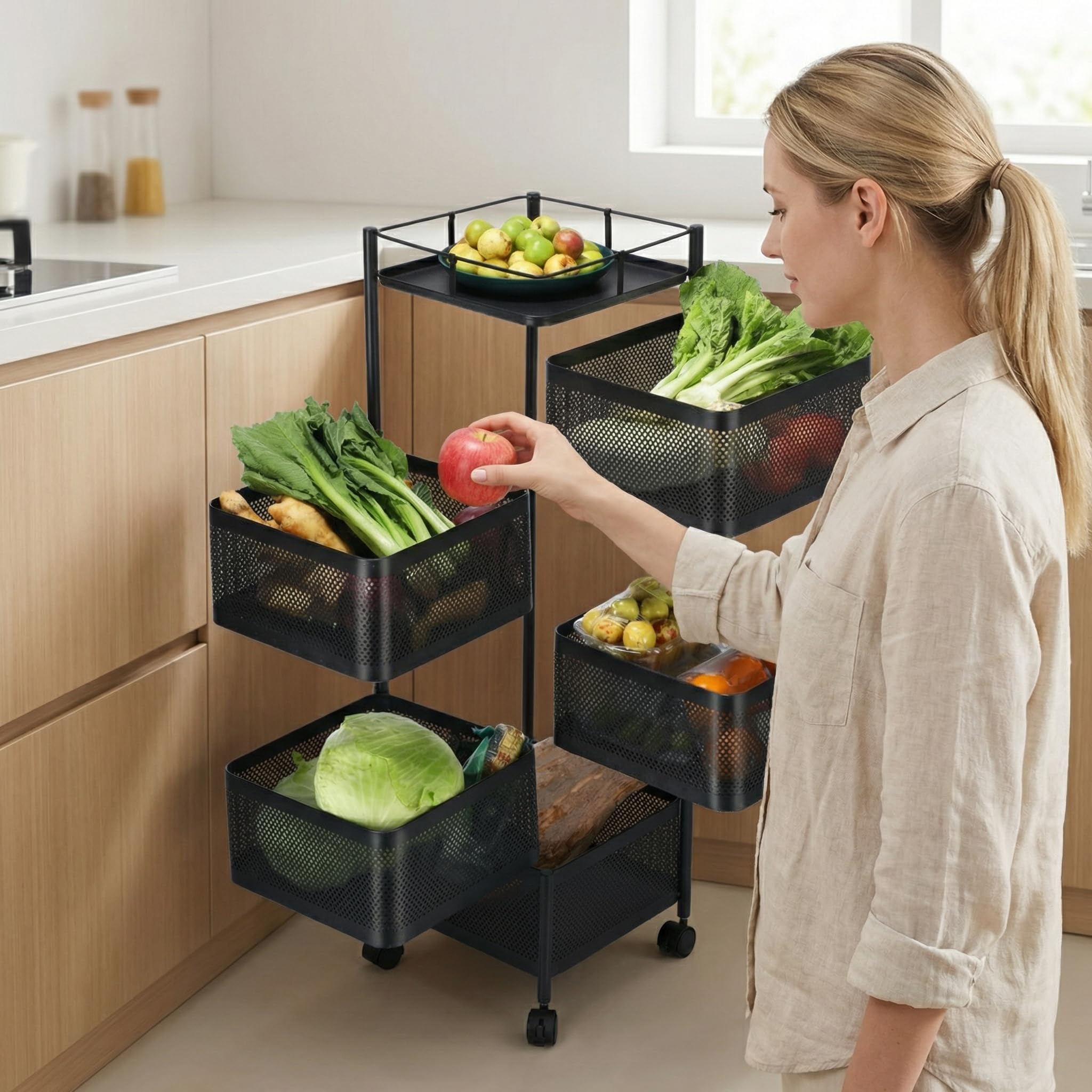 Gemüseregal Küchenwagen Universall multifunktionales Regal Küchen rollwagen Obstkorb Aufbewahrungsbehälter Obstwagen mit Rollen Küchenregal Organizer für Küche, Badezimmer und Büro Schwarz 5 Fächer