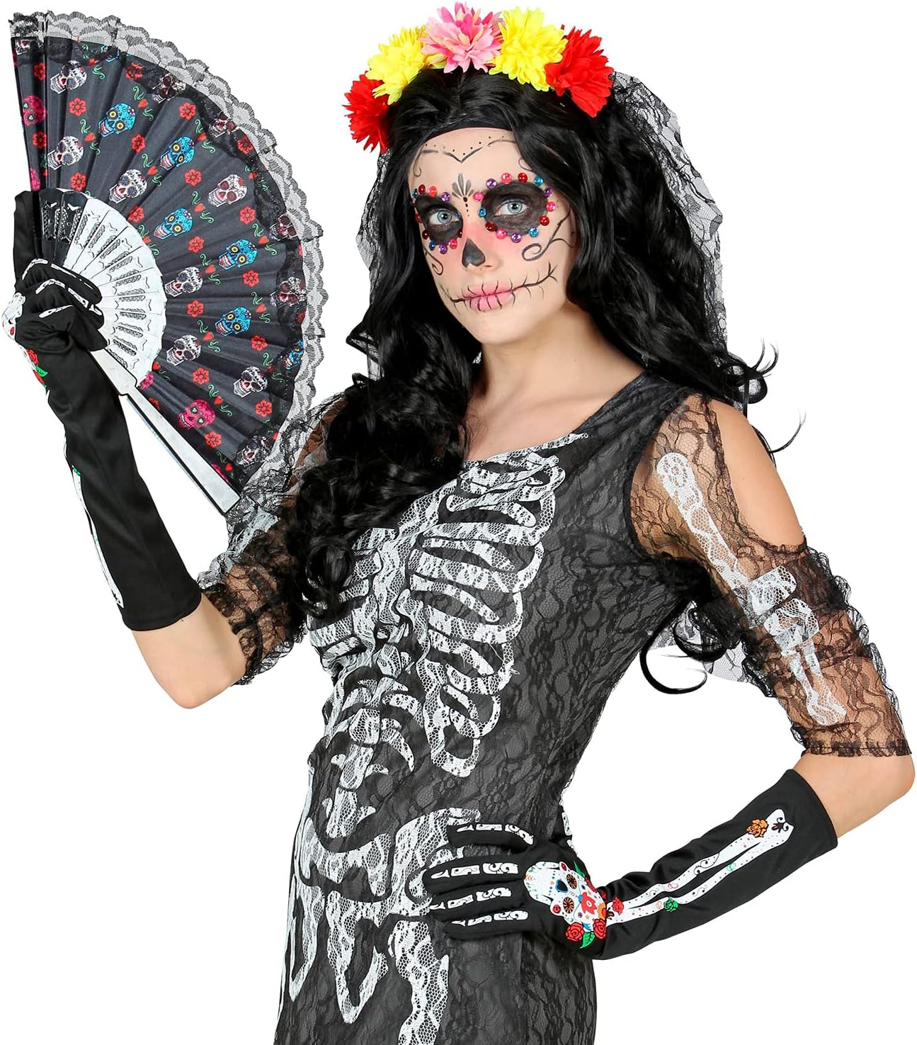 WIDMANN MILANO PARTY FASHION W 34279 Gloves Dia de los Muertos Length Approx. 40 cm for Adults, Carnival, Theme Party