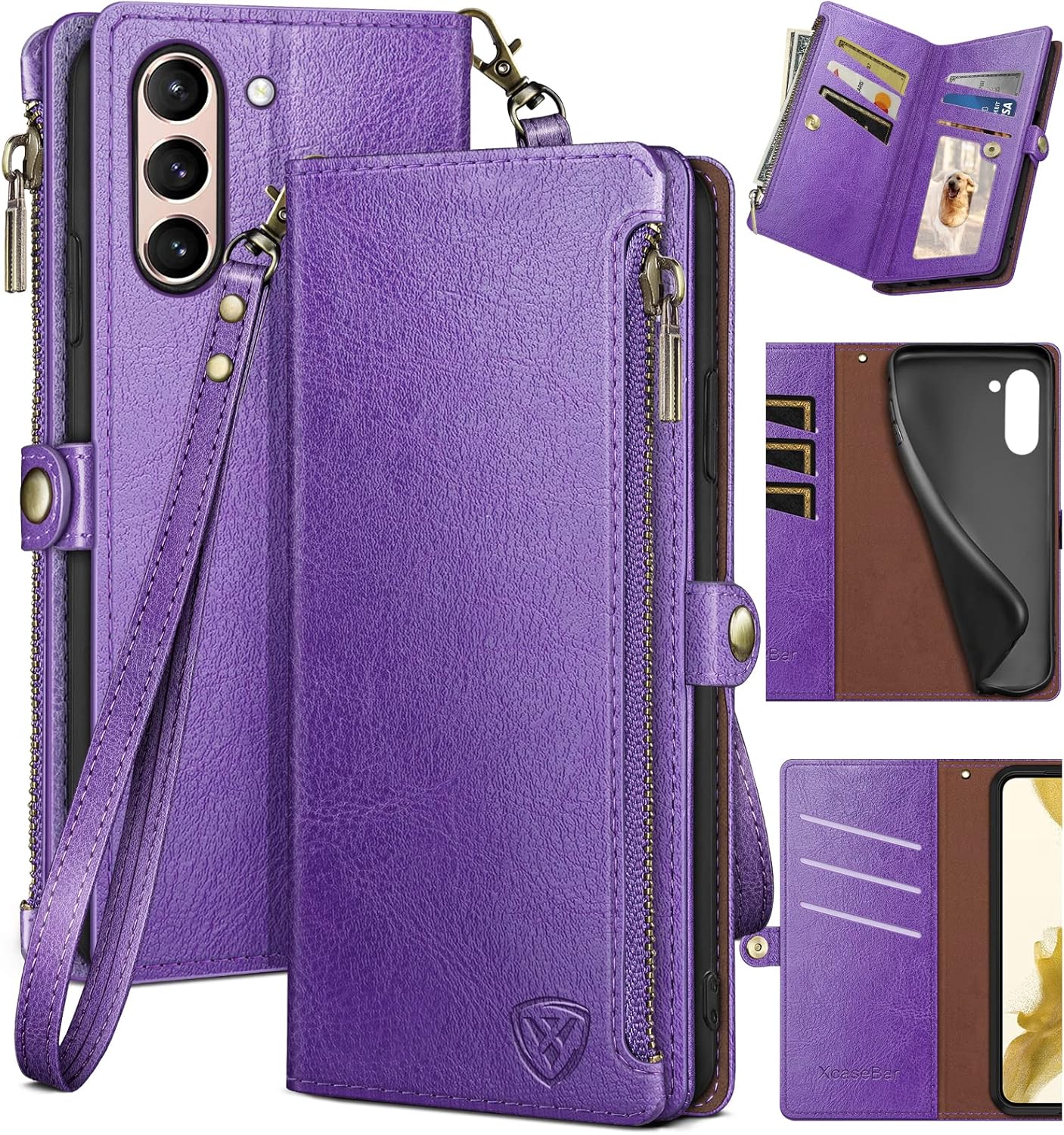 XcaseBar for Samsung Galaxy S21 FE Wallet case with Zipper Credit Card Holder?RFID Blocking?, Flip Folio Book PU Leather Phone case Shockproof Cover Women Men for Samsung S21FE case Purple