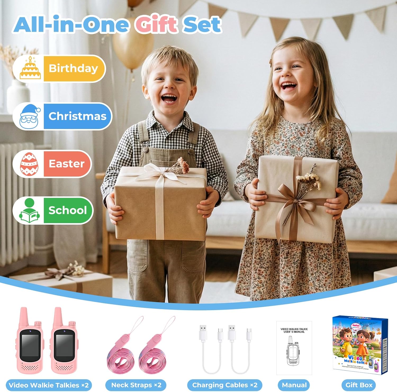 Video Walkie Talkies for Girls, Rechargeable Kids Walkie Talkies 2 Pack with HD Screen Video Camera, Longer Range Radios, Voice Effects, Travel Outdoor Girls Toys, Gifts for Girls Ages 3-12