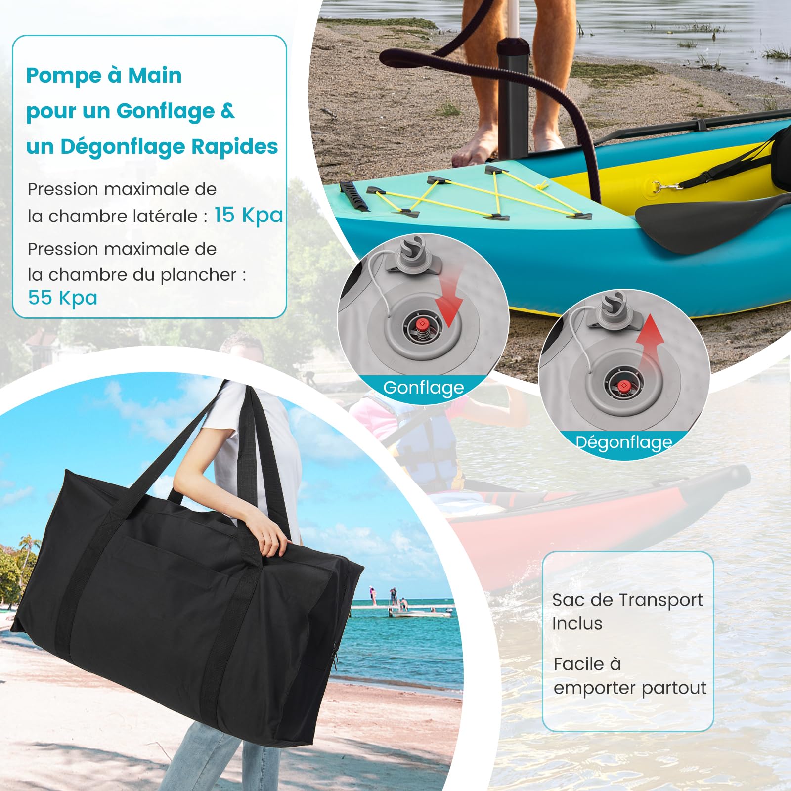 GOPLUS Kayak Gonflable 2 Personnes, Canoe Randonnée 382 cm avec Sièges et Repose-Pieds Réglables, 2 Pagaies, Fixations, 2 Dérives, Pompe à Main, Kit de Réparation, Sac Transport, Charge 230 kg
