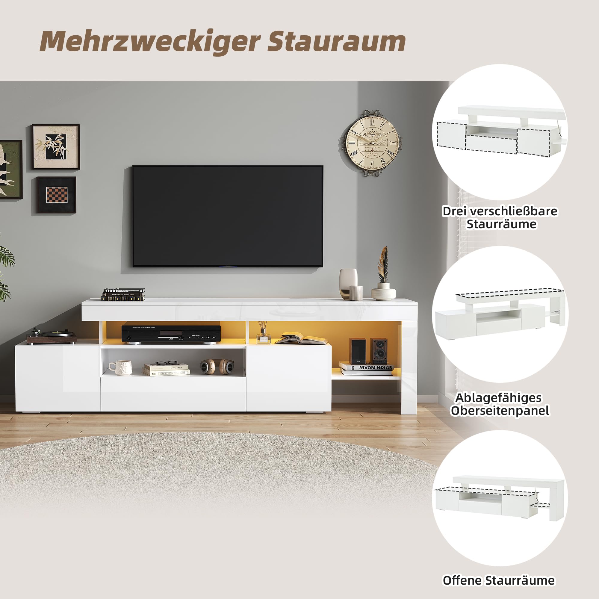 Merax TV-Schrank Weiß, TV Lowboard Hochglanz, mit LED-Beleuchtung, 192cm lang Fernsehtisch für 85 Zoll Fernseher, Moderne TV Bank aus Holz mit Drei Klapptüren, offene Regale, TV-Kommode für Wohnzimmer