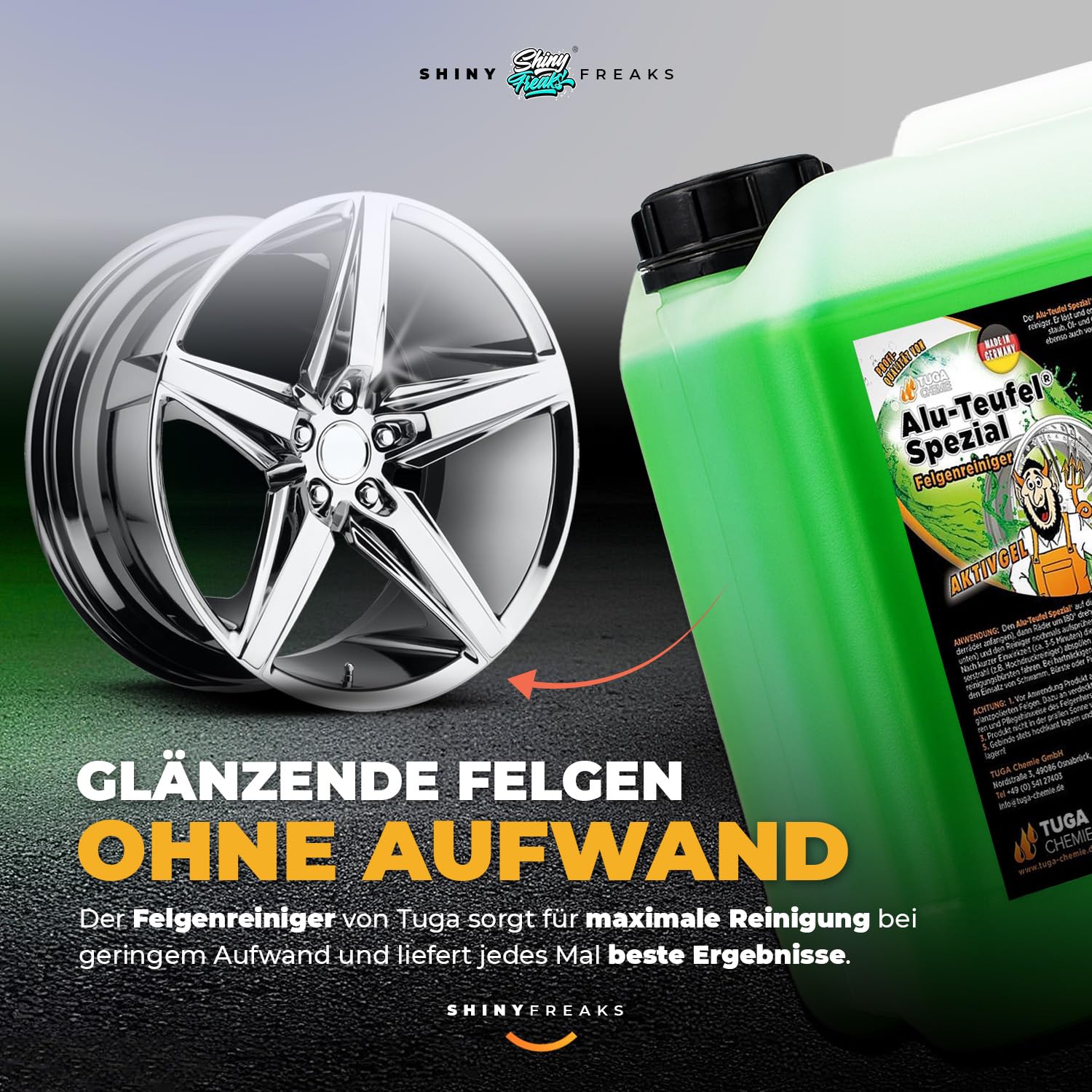 Felgenpflege Set: TUGA Chemie Alu-Teufel Spezial 5 Liter Felgenreiniger Alufelgen + chemicalworkz Sprühflasche mit 360° Canyon Trigger - gründliche Reinigung für Alufelgen & Stahlfelgen | 2-teilig