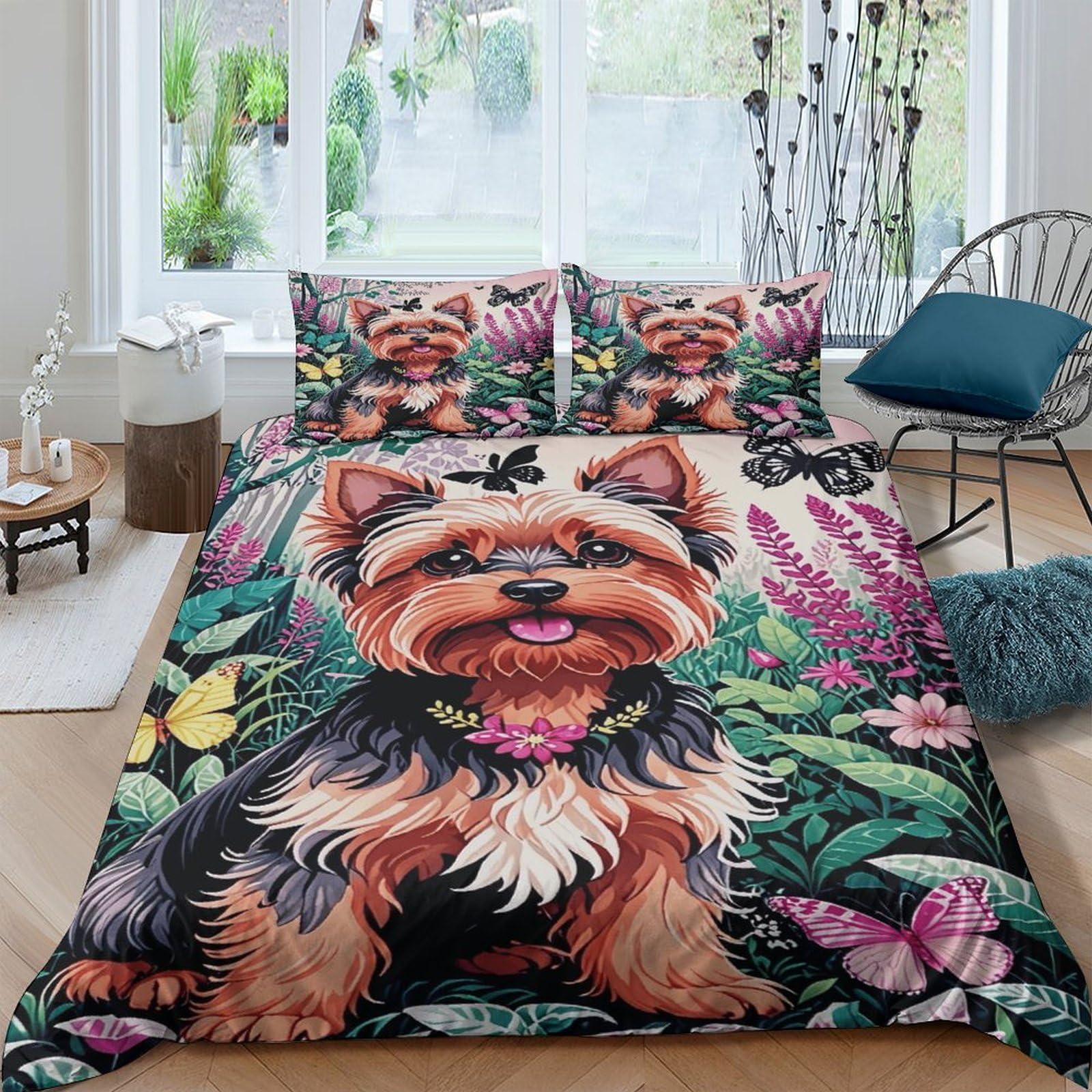 WXLWHR Yorkshire Terrier Duvet Cover Set Soft Microfiber 3 Piece 3D Printed Bedding Set Yorkshire Terrier Wreath Duvet Cover with Pillowcase for Teens And Adults Double（200x200cm）