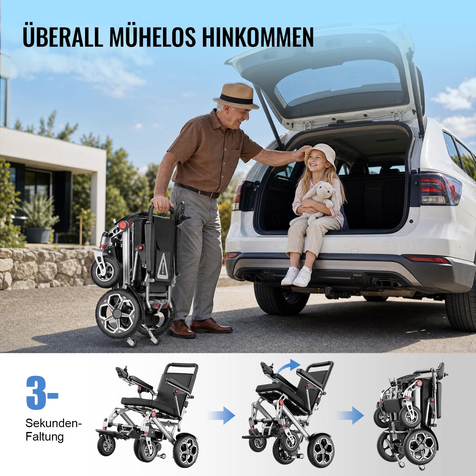 D10 Elektrorollstuhl Faltbar Leicht, Outdoor E-Rollstuhl Für Senioren & Behinderte, 20 km Reichweite, Flugzeugzulassung, 500 W Motor, 12Ah Akku, PU-Räder, Bis 150 kg