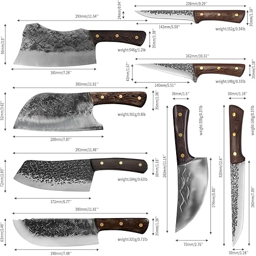 Miniatura 2 de FULLHI Juego de cuchillos de carnicero portátiles de 14 piezas, mango de madera de espiga completa y juego de cuchillos de carnicero de 3 piezas con