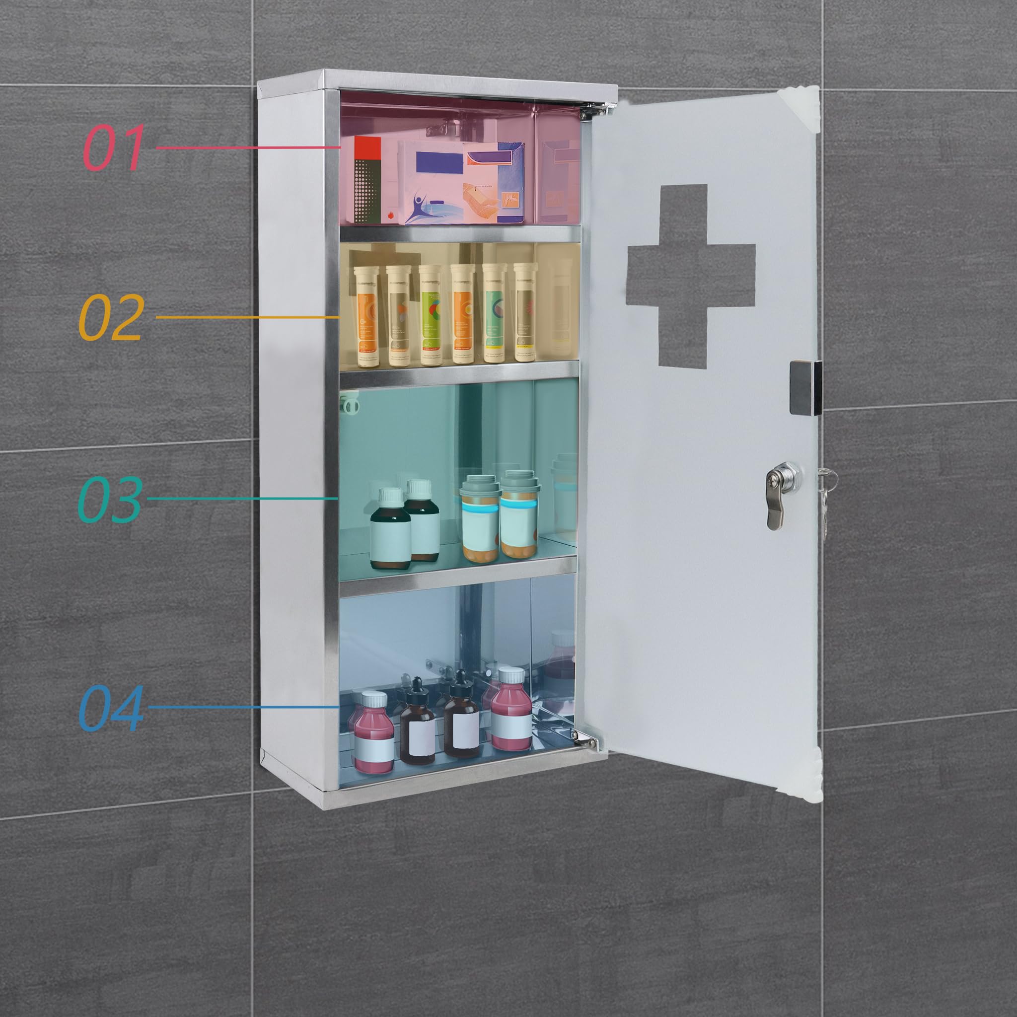 FIVMEN Armoire à pharmacie en acier inoxydable - 4 compartiments - Avec porte en verre et 2 clés - Verrouillable - 30 x 58 cm