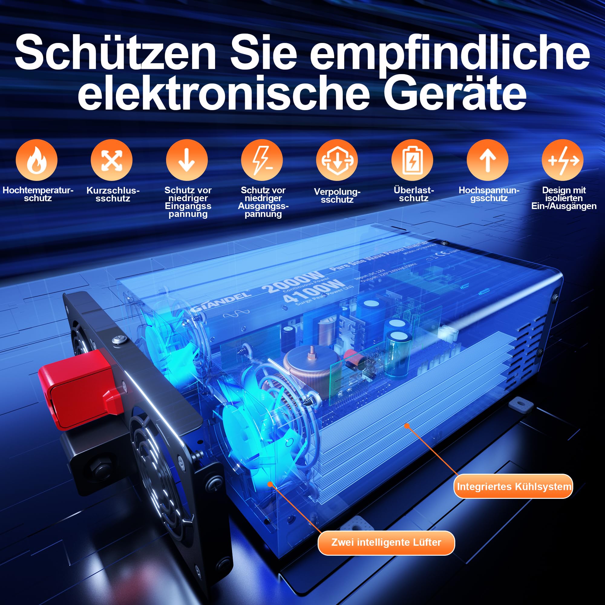 GIANDEL Inverter da 2000 W, 12 V a 230 V, inverter sinusoidale puro, 4100 W, potenza di picco, convertitore di tensione con telecomando LCD, tensione di ingresso regolabile per elettrodomestici