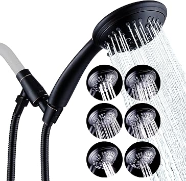 G-Promise High Pressure Shower Head, 6 Spray Settings, Handheld Shower with Adjustable Solid Brass Shower Arm Bracket, Extra Long Shower Hose, G-0105B