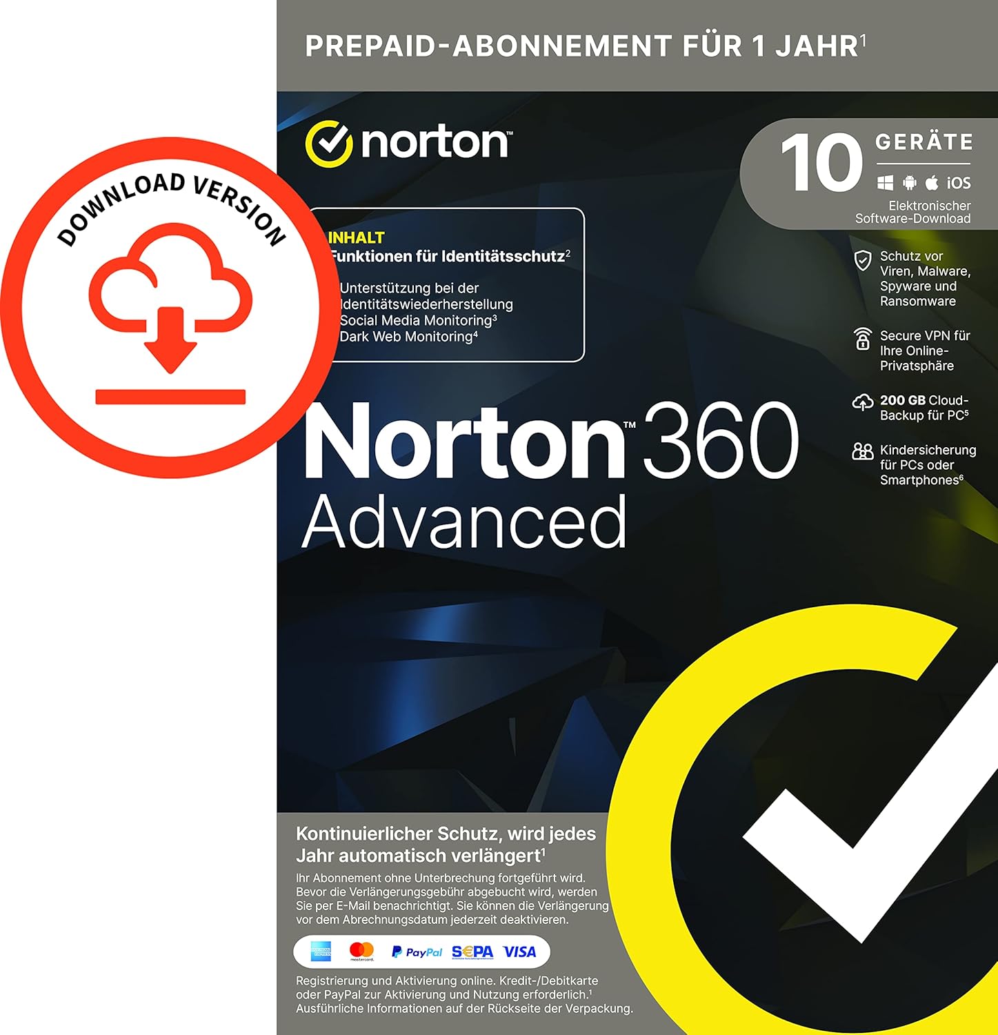 Norton 360 Advanced 10 Geräte Abonnement für 1 Jahr Identitätsschutzfunktionen und Support