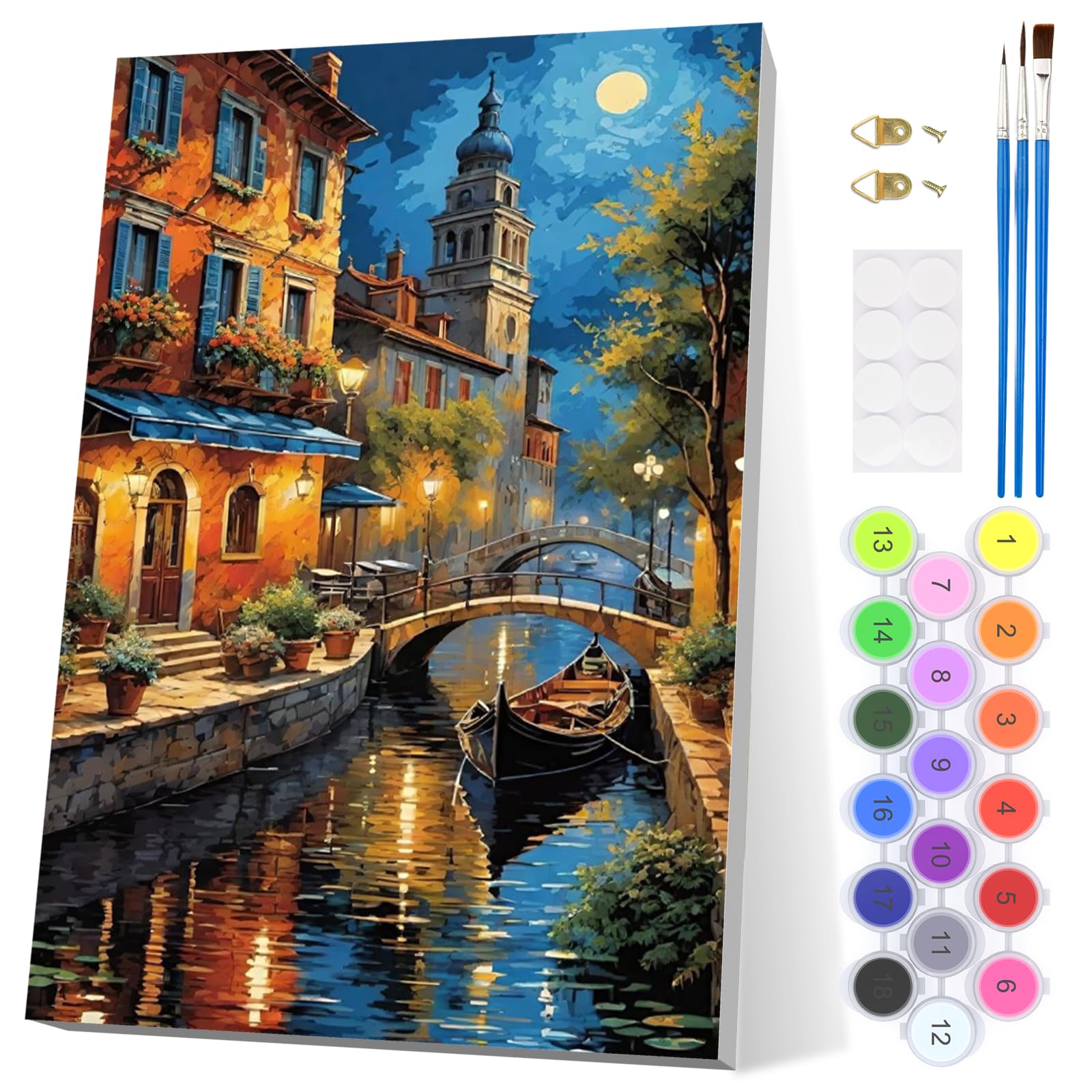 EOBROMD Venice Night Scenery Paint by Numbers for Adults with Frame, Rivers Paint by Numbers Kits, Acrylic Easy Painting by Numbers for Gift Home Wall Decor (8x12in/20x30cm)