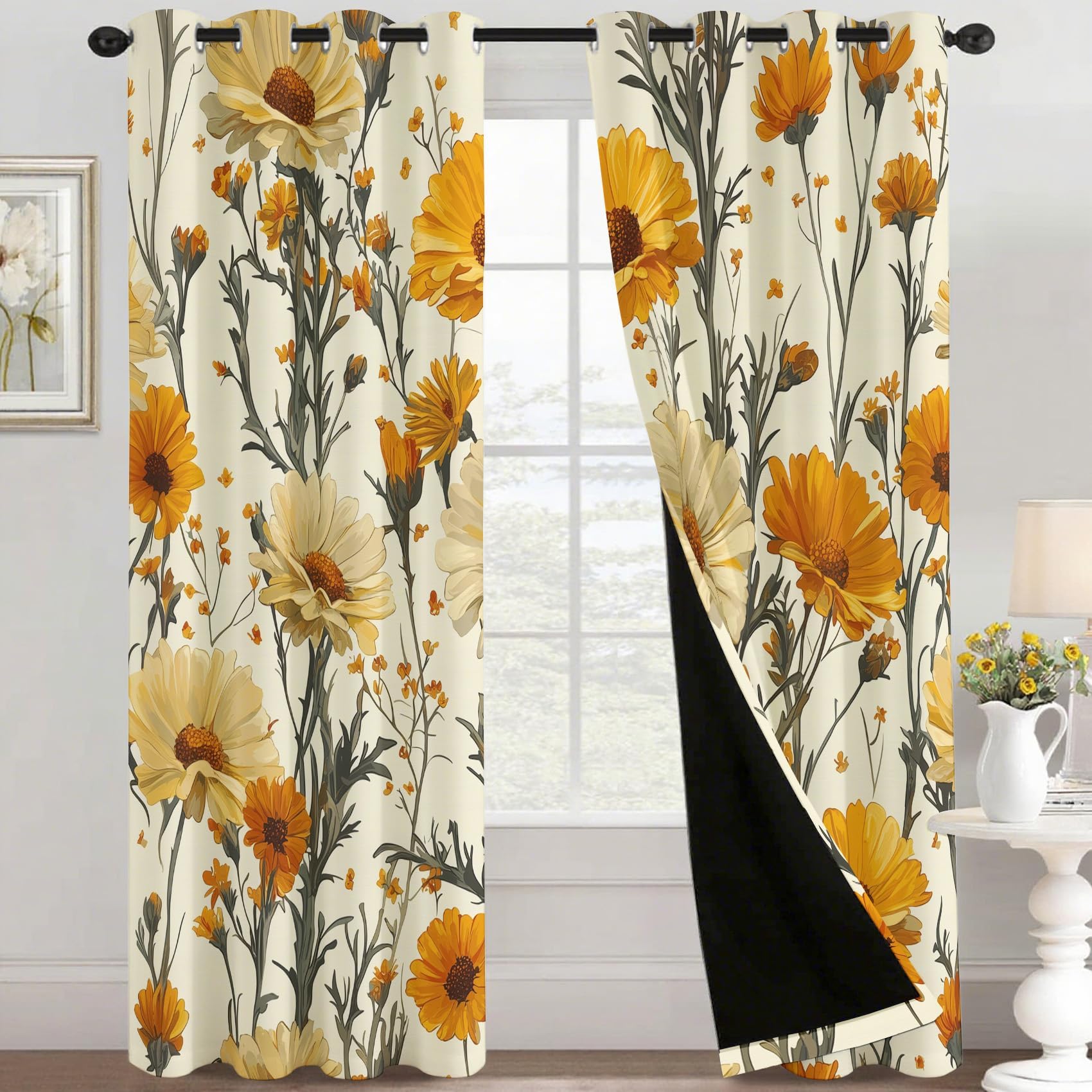 Dsrdrfg Multicolor-4 Daisy Blackout Curtains For Bedroom 120X190cm/47X75in(Wxh) Rustic Floral Thermal Insulated Eyelet Window Curtains For Living Room Dining Room Decor, 2 Panels Drapes