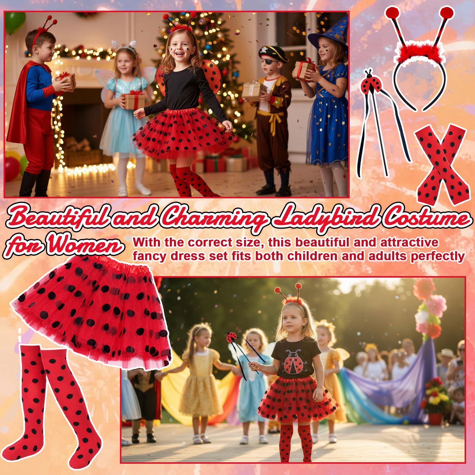 Ladybird Costume Girls 3-7Y, Polka Dot Tutu + Arm Covers + Leg Warmers+Ladybird Headband+Magic Wand - Image 6
