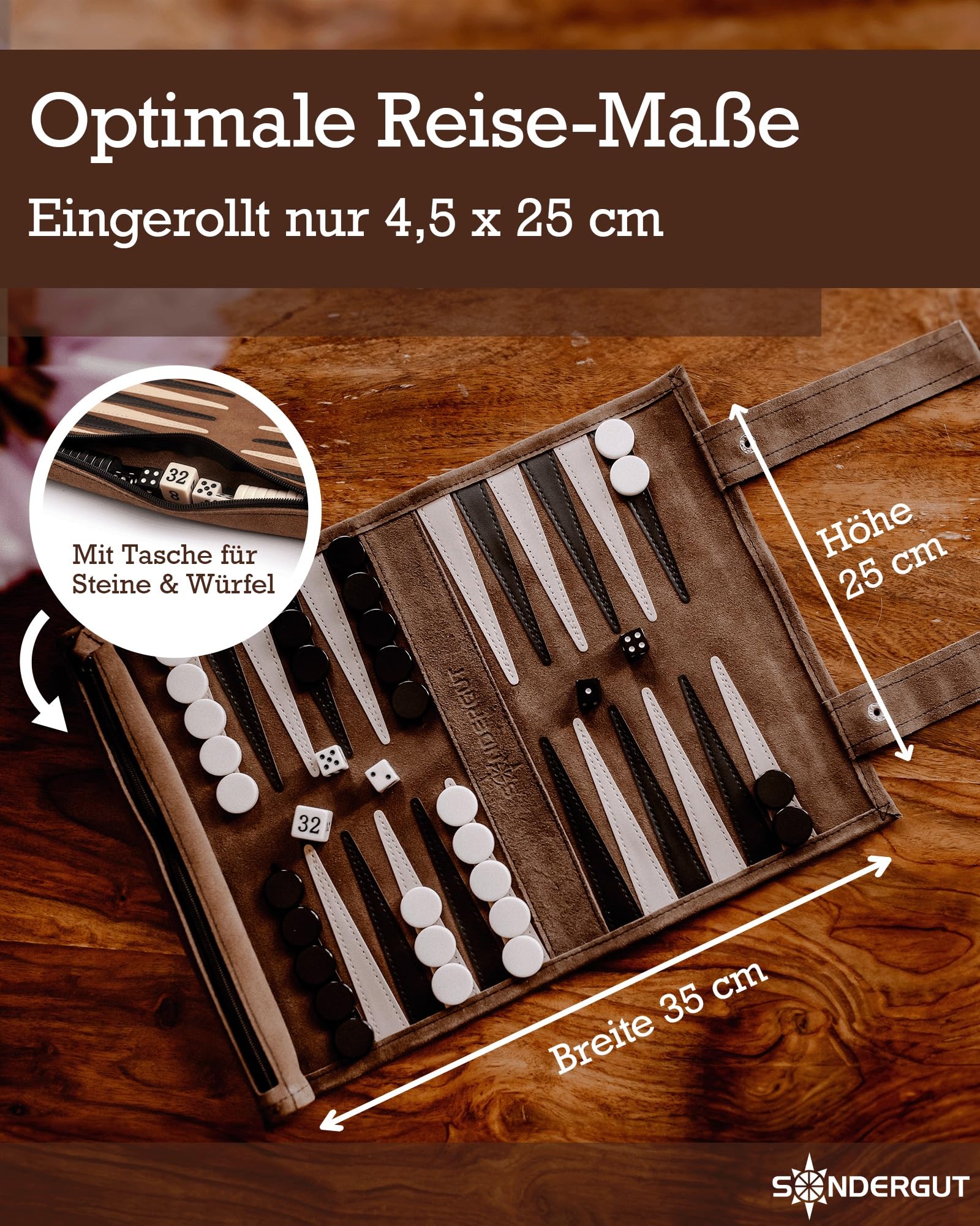 Sondergut Backgammon Brettspiel Mocca - Zum Rollen aus 100% Leder - Das Original seit 1998 Camper & Travel-Fans - 25x34cm