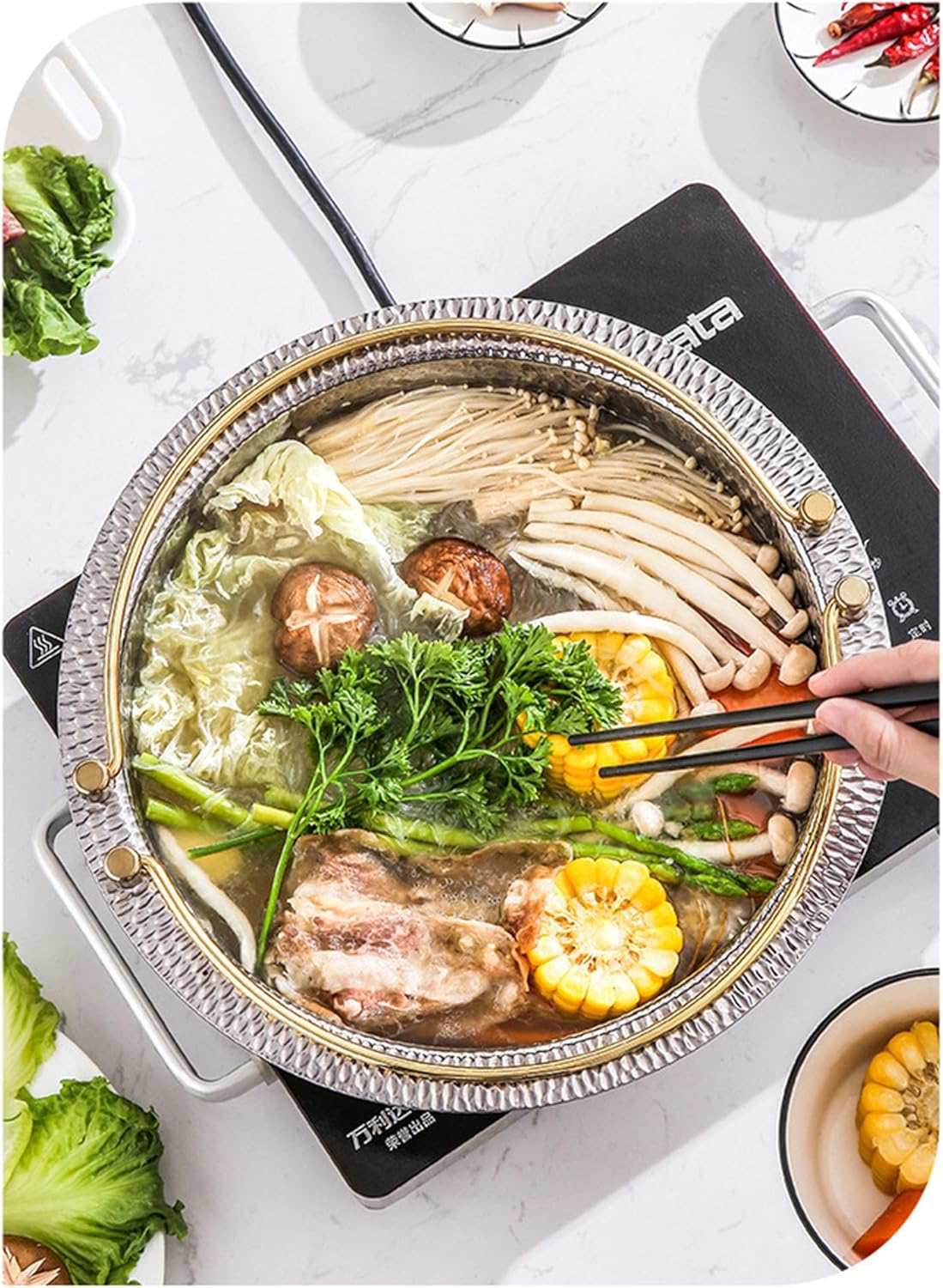 Ceramic Pot with lid, Japanese sukiyaki Pot, Stainless Steel sukiyaki Pot, 304 Stainless Steel Soup Pot, hot Pot, Soup Pot for Induction hob, Gas hob and hot Burner