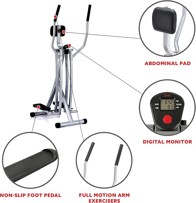 Overall, the Sunny Health & Fitness Air Walk Cross Trainer Elliptical Machine is a versatile and convenient fitness equipment suitable for users of all fitness levels. Its compact design and easy storage capabilities make it a great addition to any home gym or workout space. Description by ChatGPT.