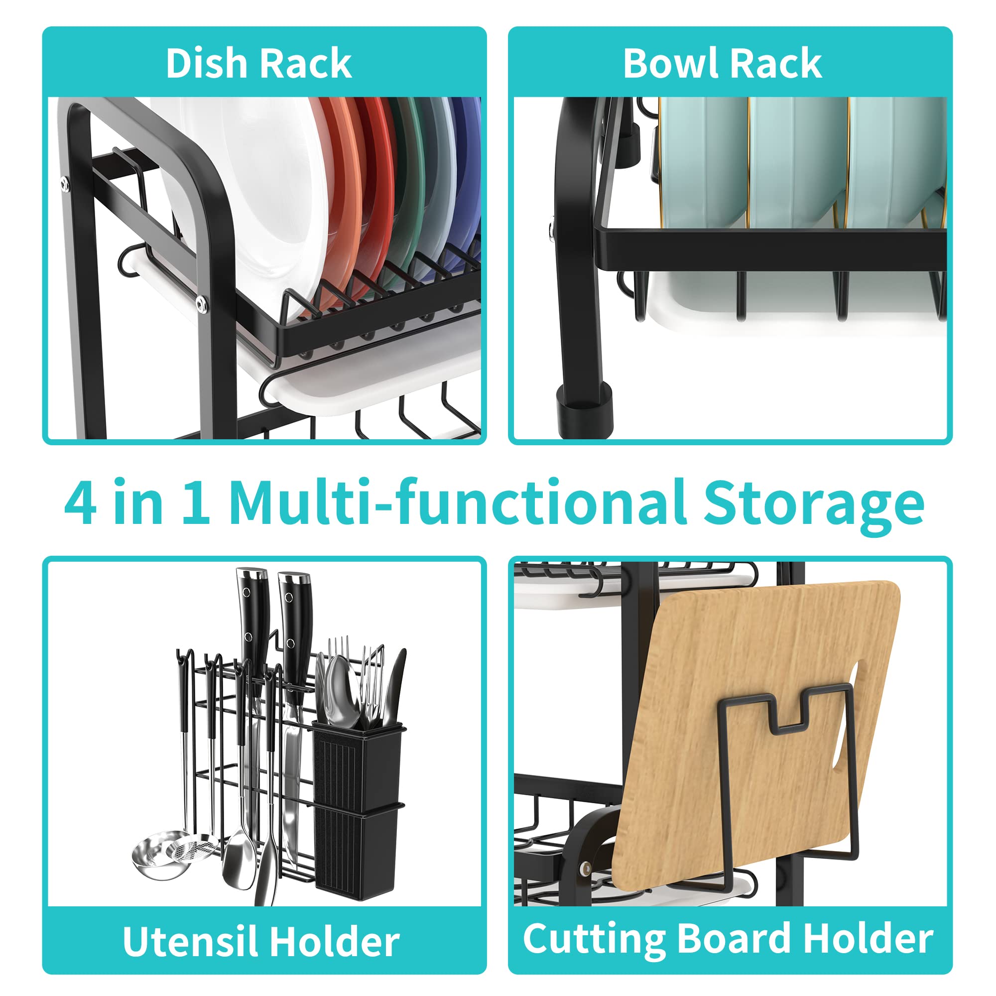 2 Tier Black Dish Drainer Rack, Stainless Steel Dish Drying Rack