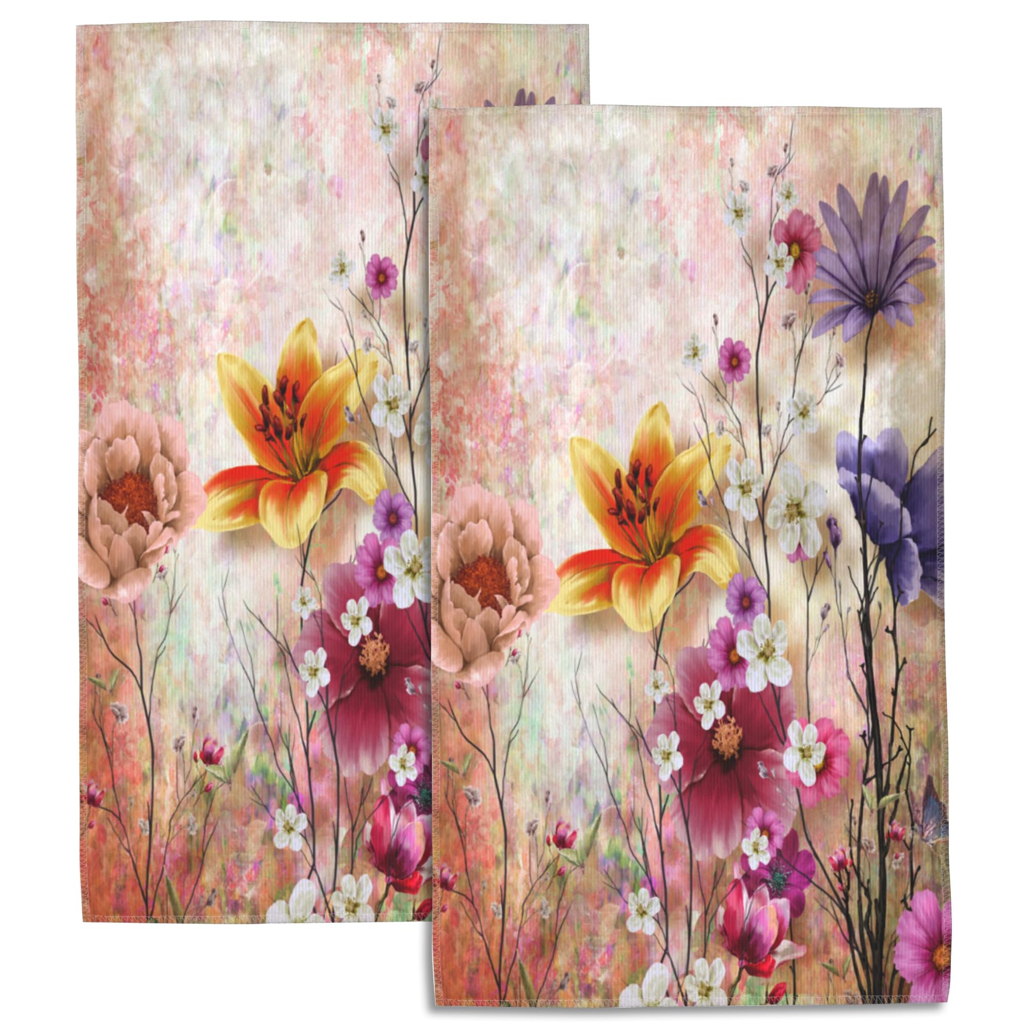 SAYOUZ Flowers Bath Hand Towels Set of 2, Abstract Colorful Spring Multicolored Flowers Decorative Bath Towels Soft Super Absorbent Hand Towels for