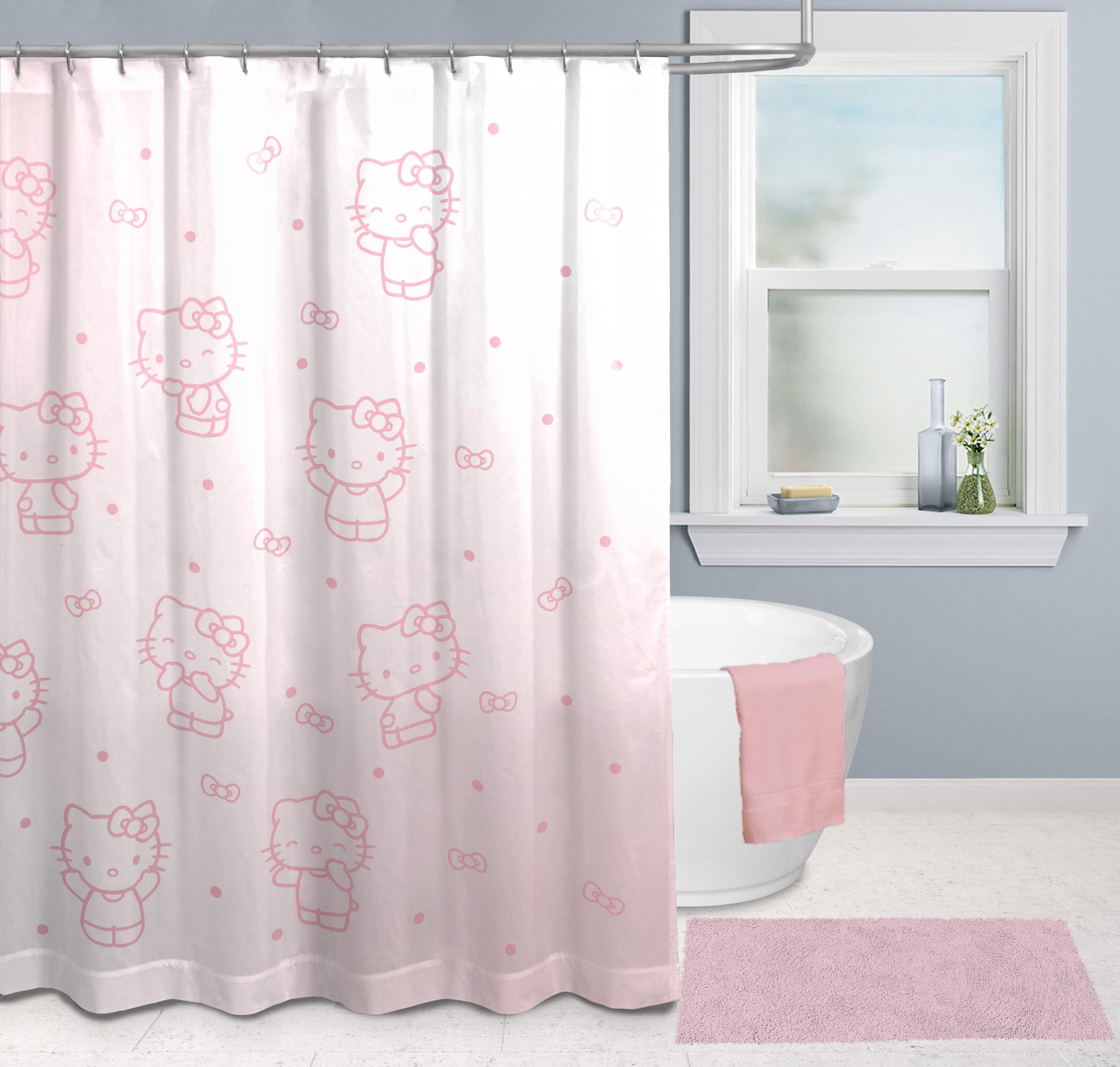 Jay Franco Sanrio Hello Kitty Shower Curtain - Pink Ombre Stars Kawaii Bathroom Décor - 70 x 72 Inch Washable Fabric Curtain