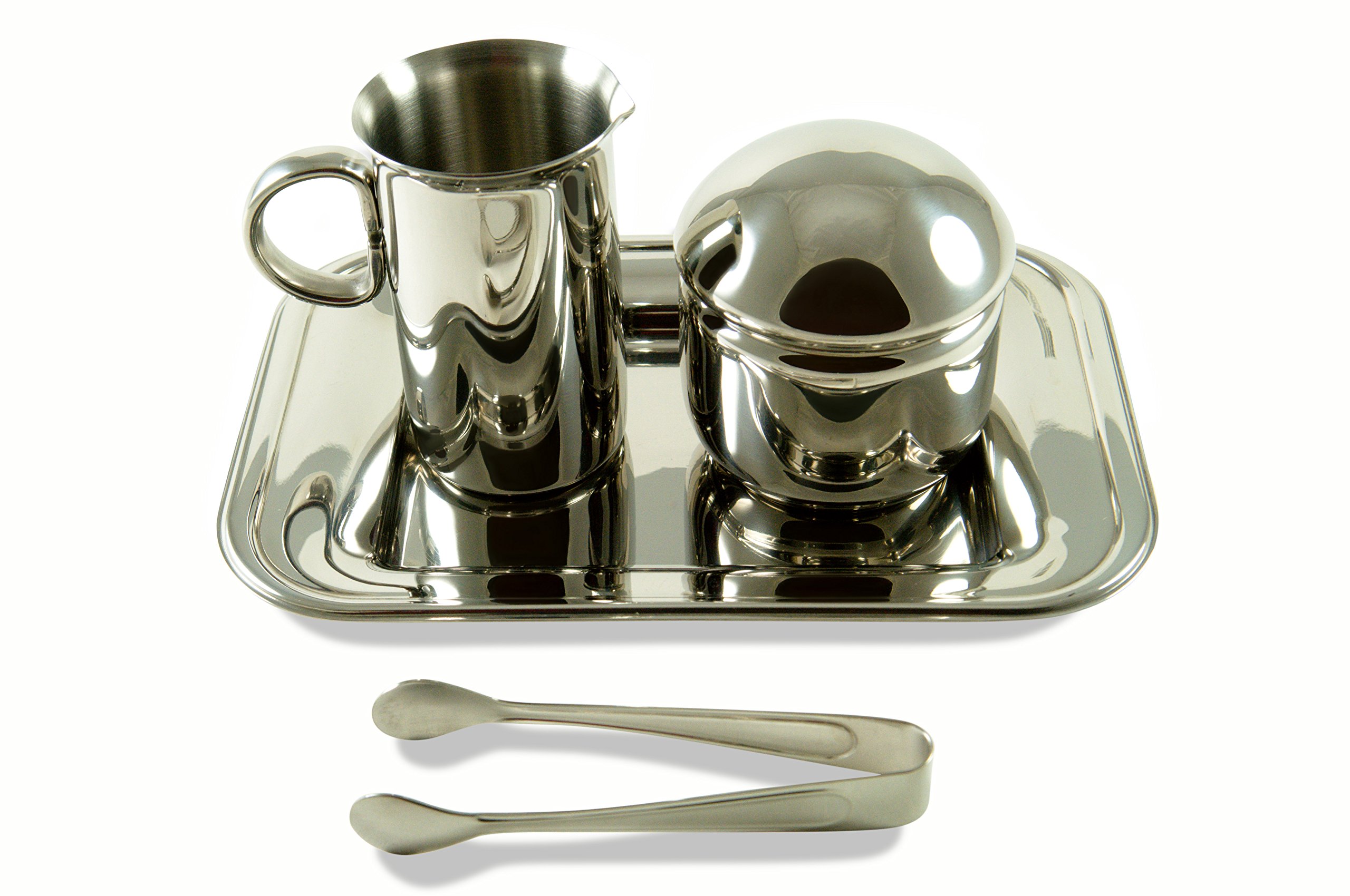 Modern 18/10 Gauge Stainless Steel Coffee Tea Sugar Bowl and Creamer Set and Serving Tongs