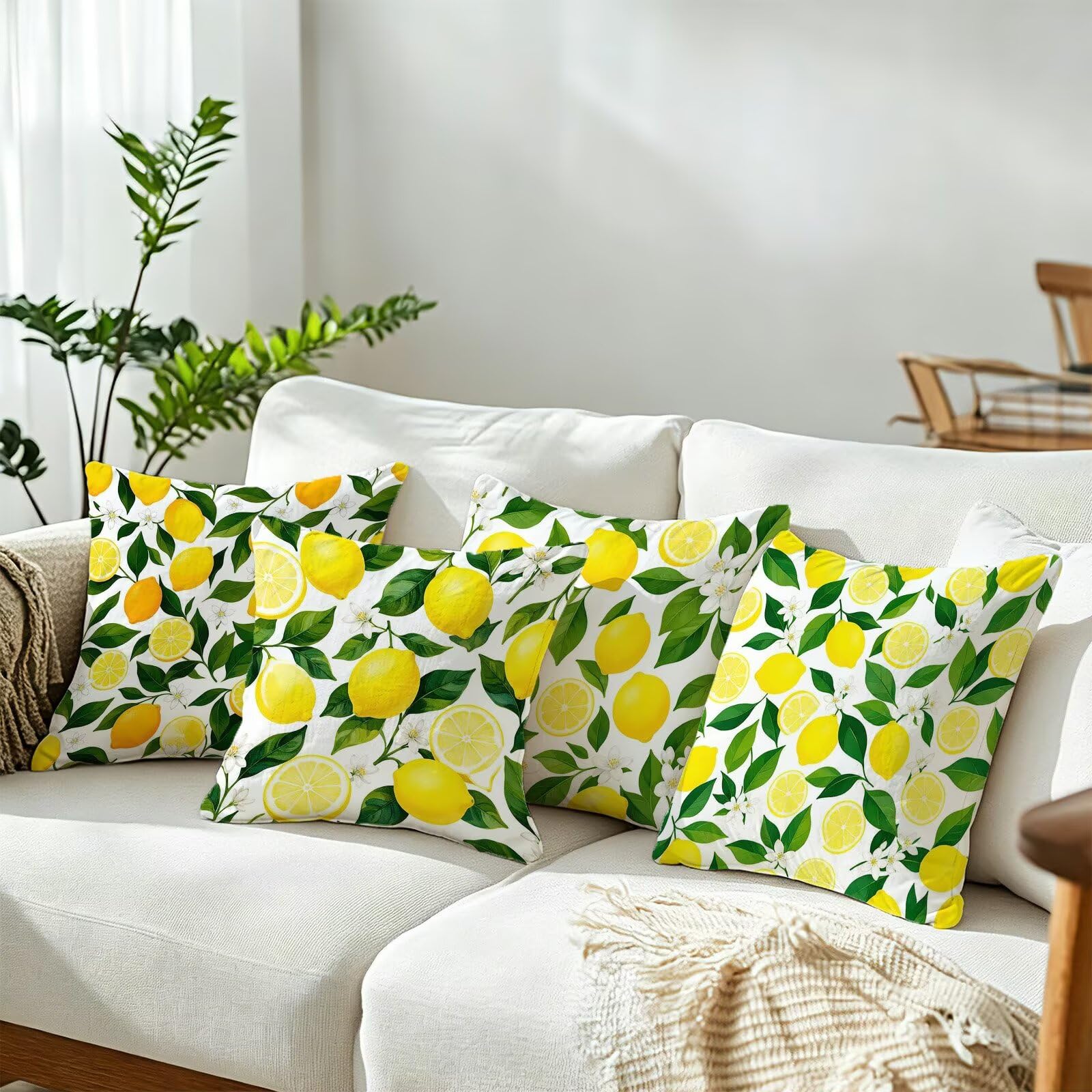 Giallo Federe Cuscini Divano 50x50cm, Cuscini da Esterno Set de 4, Cod-143 | Velour Copricuscini Decorativi Letto Arredo, per Letto, Soggiorno, Giardino, Esterno, Casa Decorazione Set di 4 Pianta