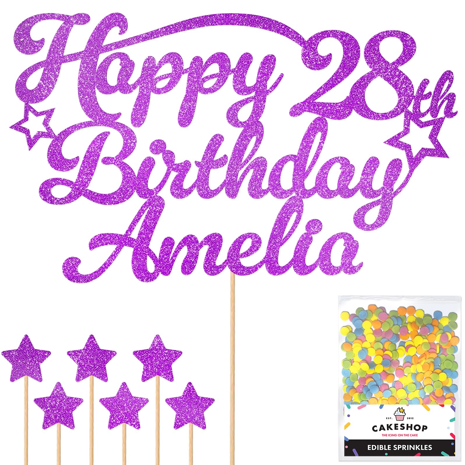 Personalised Happy Birthday Glitter Cake Topper with Stars - Purple Any Name & Any Age Glitter Cake Decoration and Sprinkles - Happy Birthday Decorations - Personalised Toppers for Cakes by Cakeshop