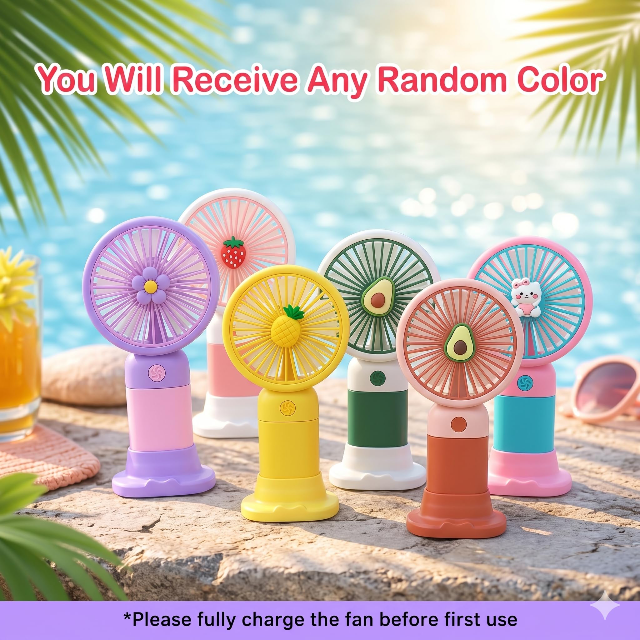 BISOKE Portable Handheld Mini Fan with Table Stand, USB Rechargeable Cute Fruit & Cartoon Pocket Fan for Kids, Girls, School & Travel (Assorted Multi-Color, Pack of 1) 3