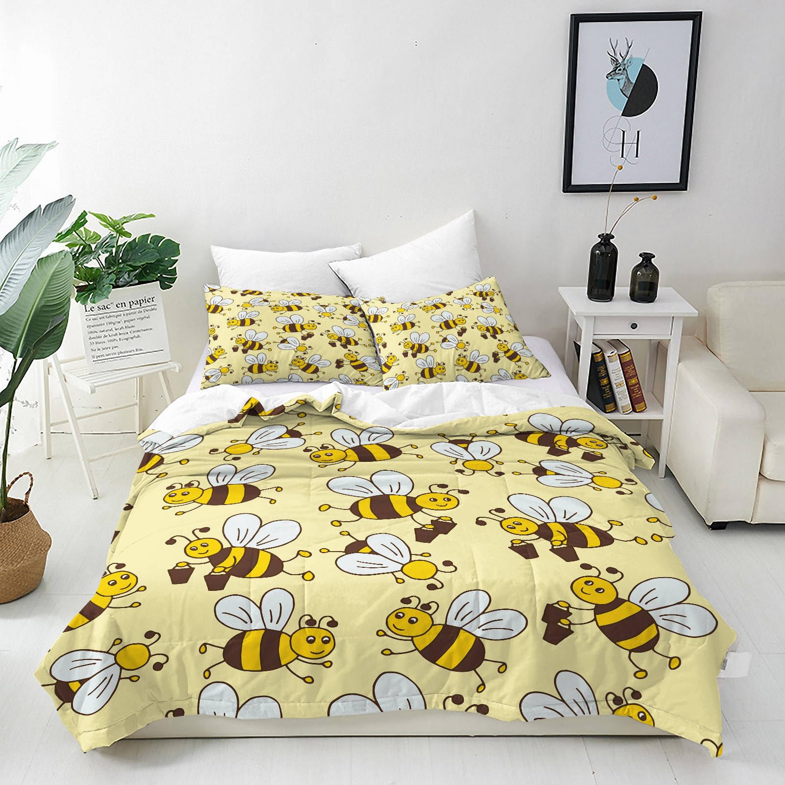 ANHOPE Bees Duvet Cover Set Soft Lightweight Microfibre 3 Piece Bedding Set with 2 Pillowcase Cute Cartoon Animal Bees Print Pattern All Season Kids Boys Girls Quilt Cover with Zipper Closure Single