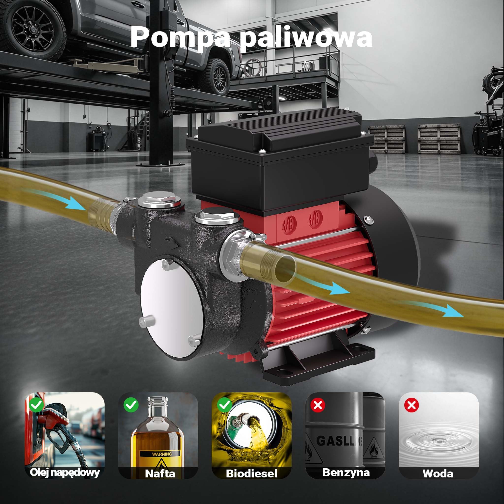 Wiltec Pompa do oleju napędowego i opałowego 375 W 60 l/min 230 V, samozasysająca, wysokość ssania 2 m dwie tuleje węża, zawór zwrotny
