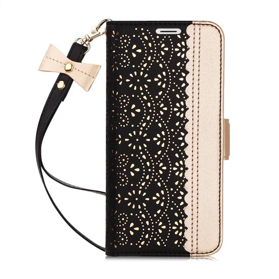 iPhone用ケース 黒色レザー調 クロス装飾 セール】ミラー付き2WAYレザー調スクエアリングiPhoneケース