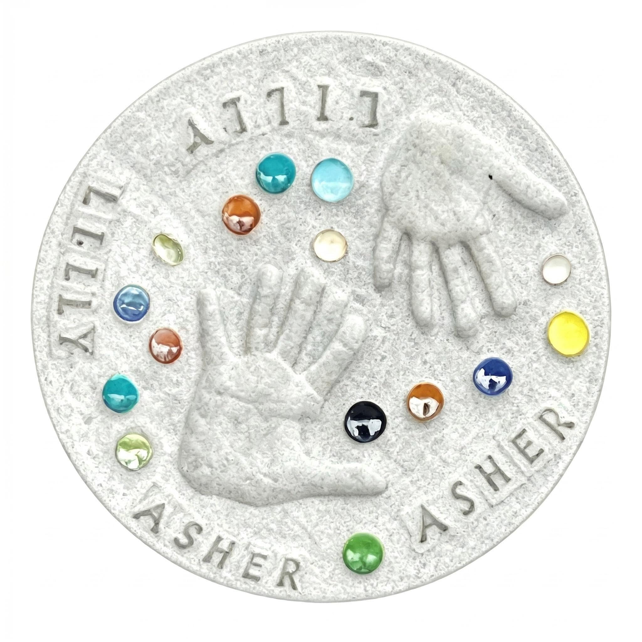 DIY Handprint Stepping Stone Kit, Family Keepsake Garden Craft Set with Mould, Coloured Glass Stones and Alphabet Stamps (12in)
