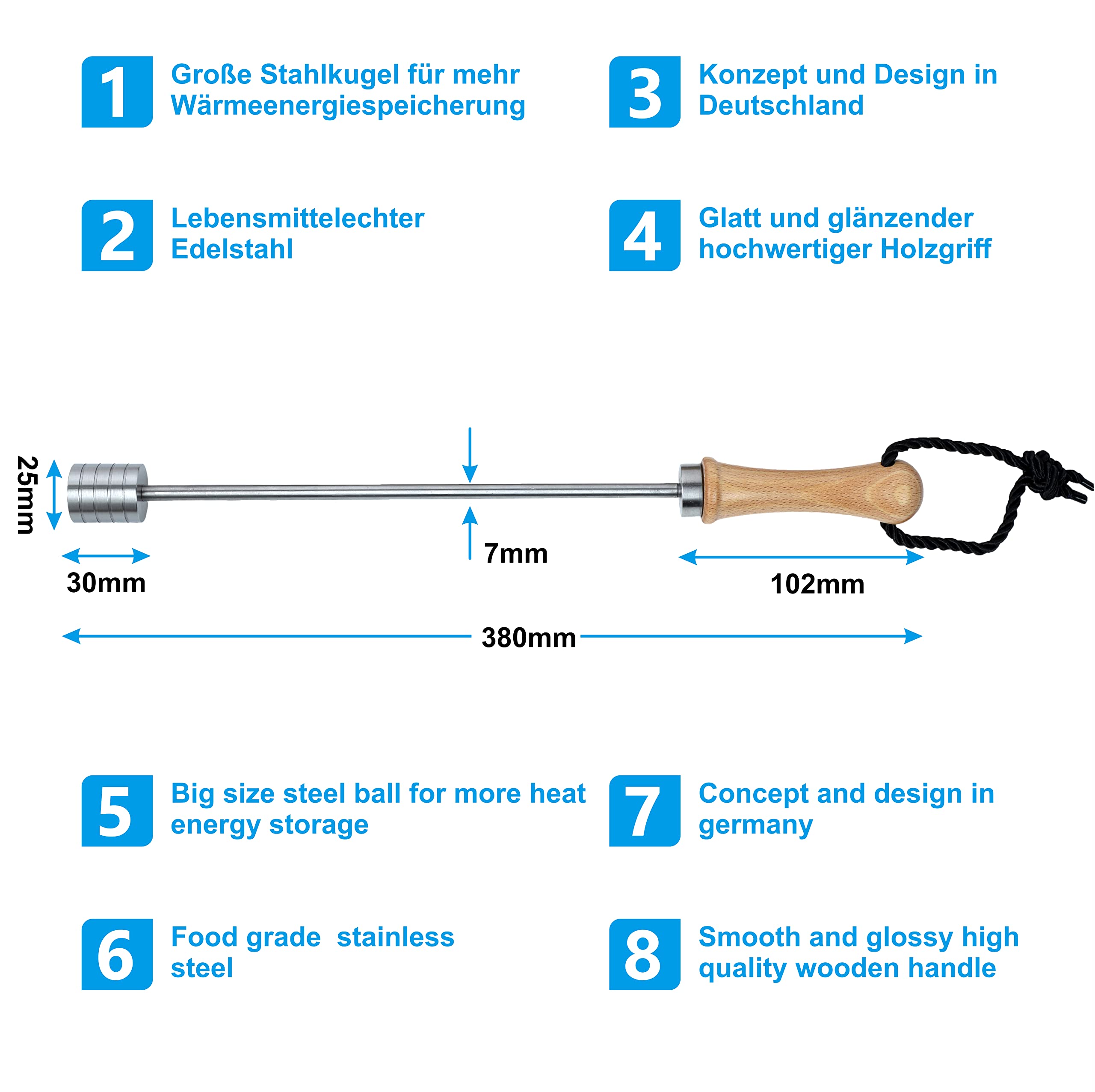 Bierstechel Beerspike Beer Caranelizer Bierkaramellisator bierverwarmer echt houten handvat, 100% geschikt voor levensmiddelen en roestvrij stalen bol