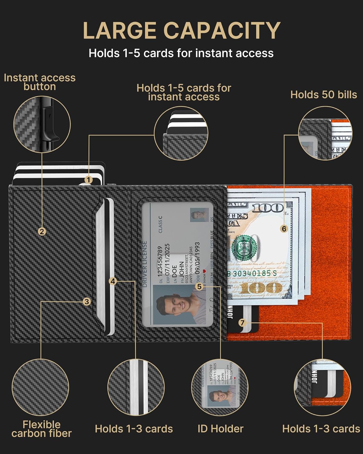 typecase Mens Wallet Card Holder: Pop Up Aluminum Case, Carbon Fiber Leather, Smart, RFID Blocking, Slim, Minimalist, Front Pocket - 9-14 Card Capacity | ID Window | Cash Slot (Orange) - Image 3