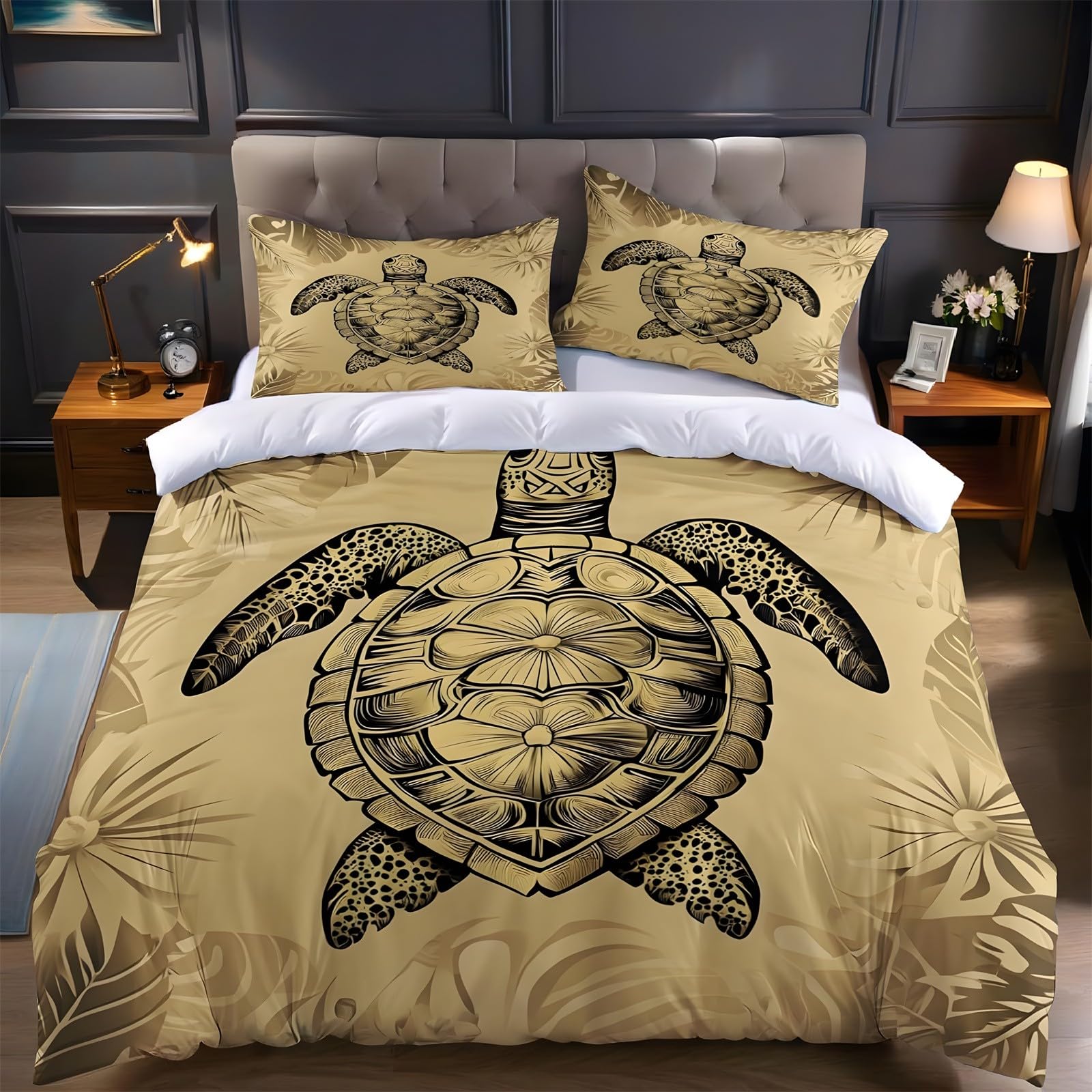 Ypthriline Double Bedding Set Turtle Bedding Set Microfiber Golden Yellow Duvet Covers with Pillowcases Reversible Bedding With Zipper Closure 200x200CM