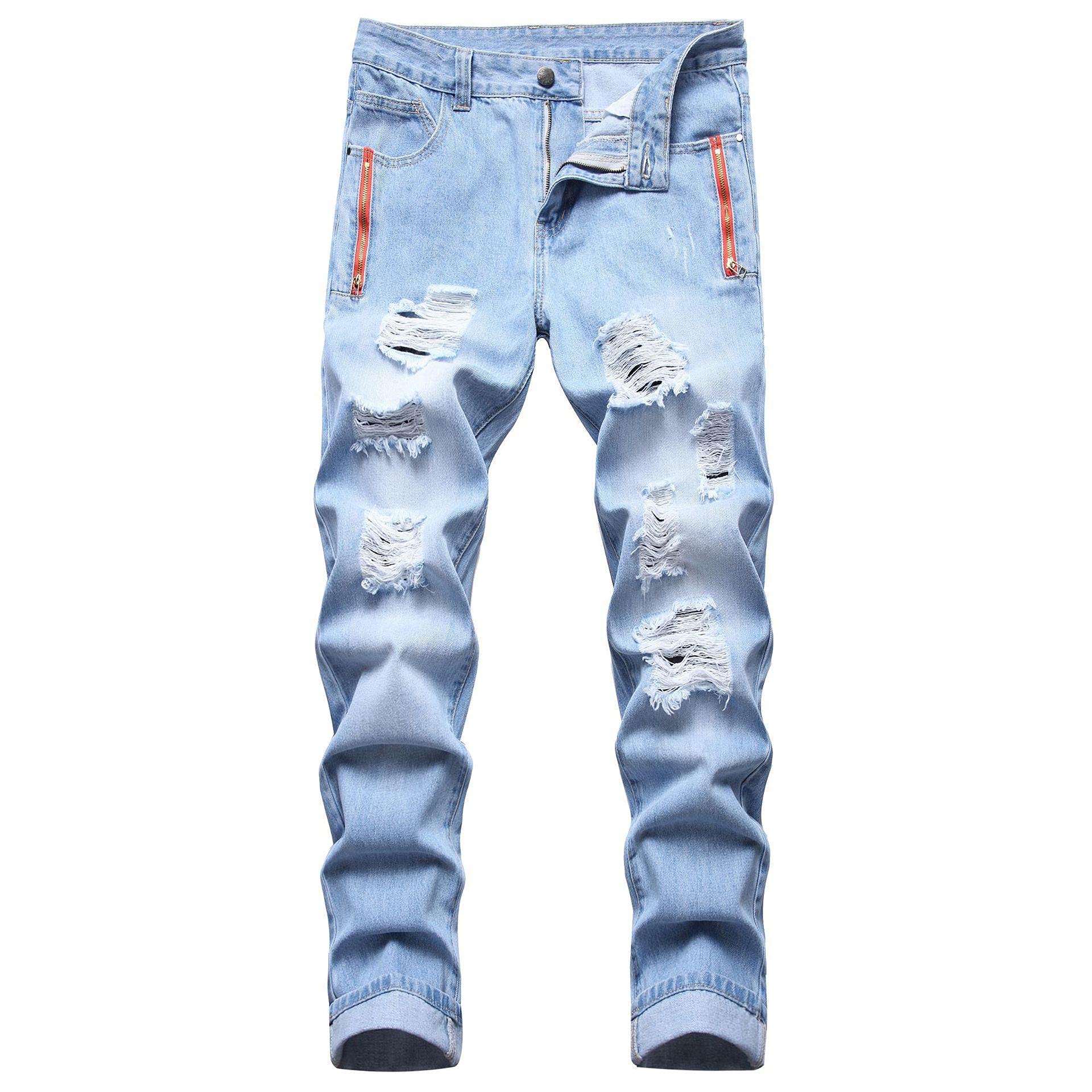 WQZYY&ASDCD Jeans Pantalon Gerade Geschnittene Herren-Denim-Jeans Mit Reißverschluss-Dekoration Herren-Denim-Hose
