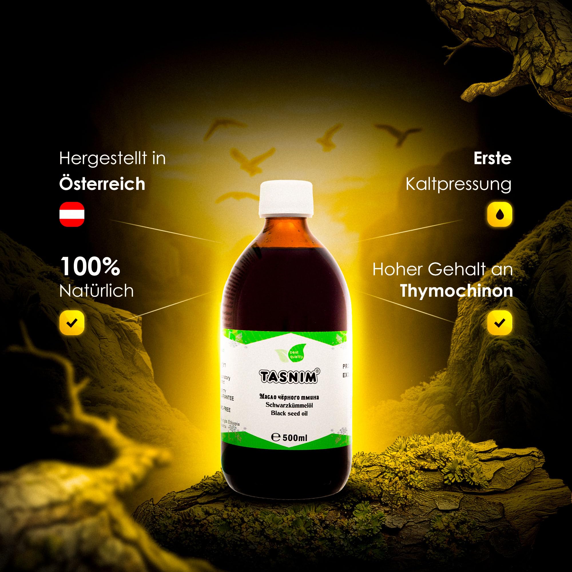 Schwarzkümmelöl Kaltgepresst 500ml, Ungefiltert, Hochwertig, Naturrein Ohne Zusatzstoffe, Äthiopisches Nigella Sativa Öl mit Hohem Thymoquinon, Mühlenfrisch, Vegan