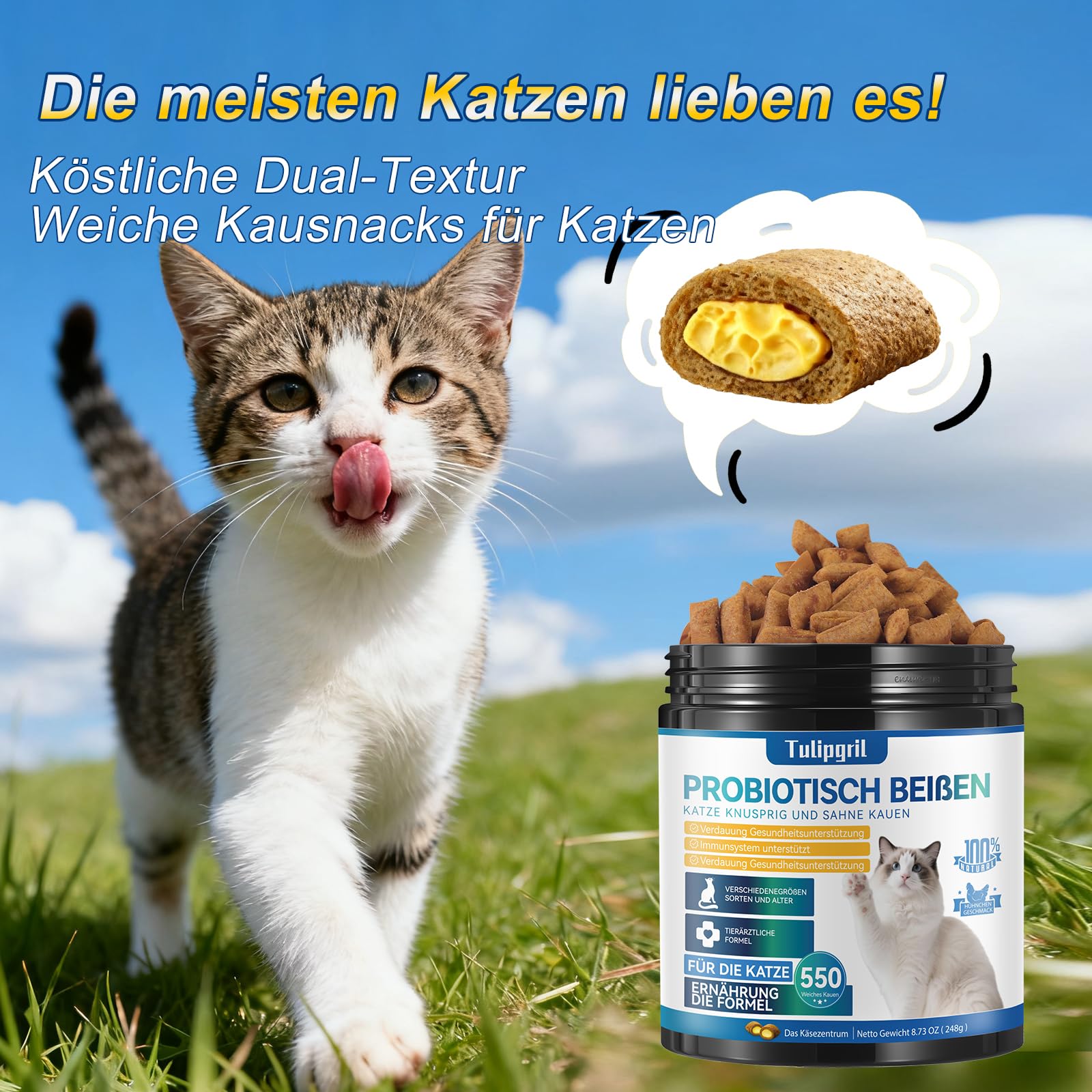 Katzen-Probiotika-Kautabletten für die Verdauungsgesundheit – 550 Stück mit Verdauungsenzymen & Präbiotika – Unterstützt die Darmgesundheit, Reduziert Durchfall & Mundgeruch – Schmackhafte