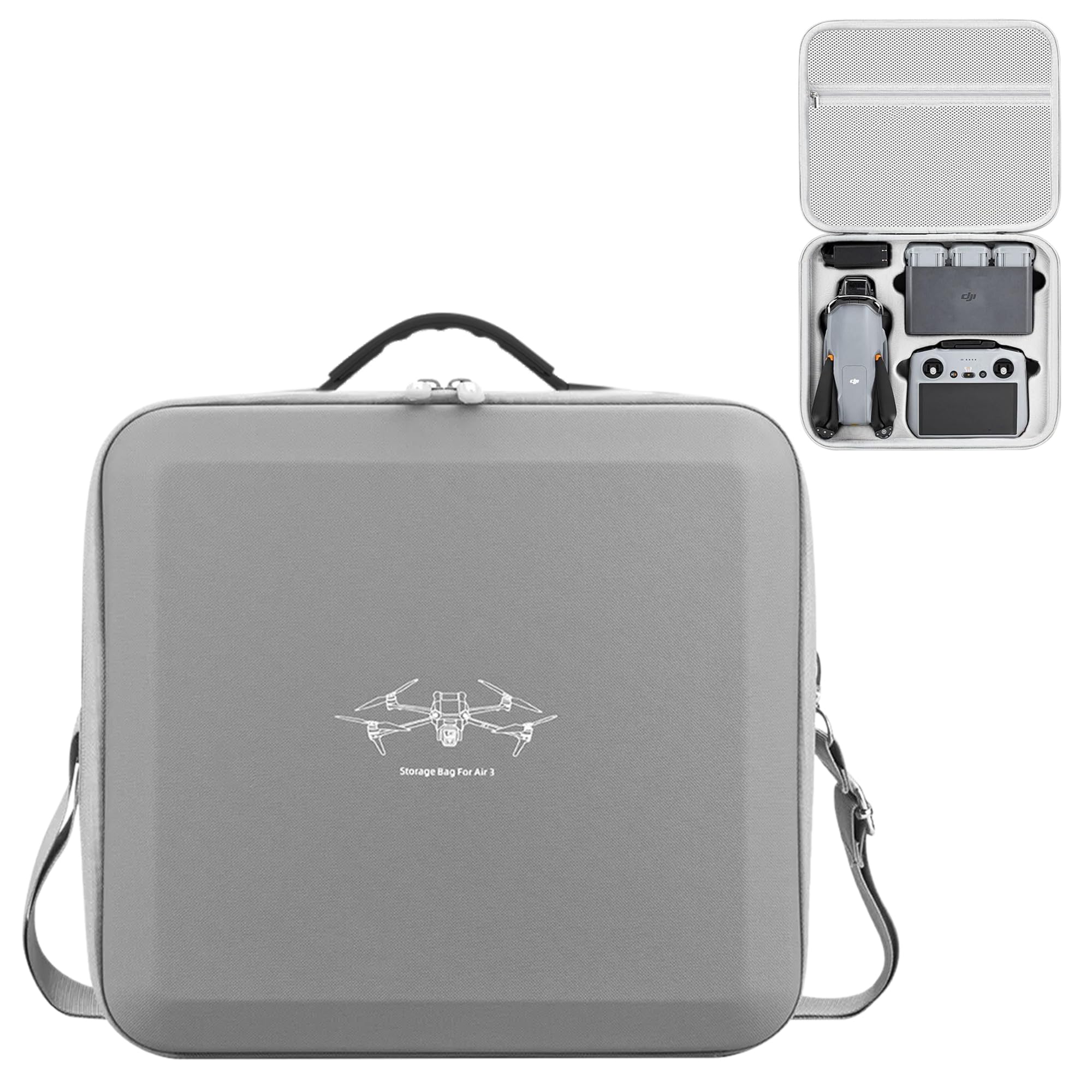 Sounce Air 3 Portable Carry Bag – Hard Shell PU Protective Travel Storage Case with Adjustable Shoulder Strap – Custom Compartments for DJI Air 3 / Air 3S Drone, RC Controller – Grey