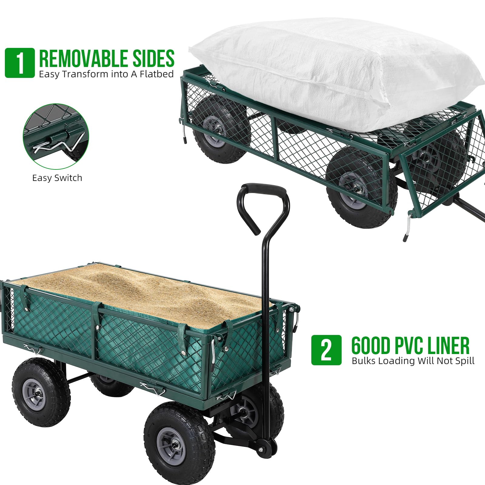 Garvee Chariot de Jardin Robuste 440 lbs – Acier – Côtés grillagés Amovibles – Roues 25 cm – Poignée rotative 180° – Idéal Jardin, pelouse, Ferme, Plage – Vert, capacité 440 lbs