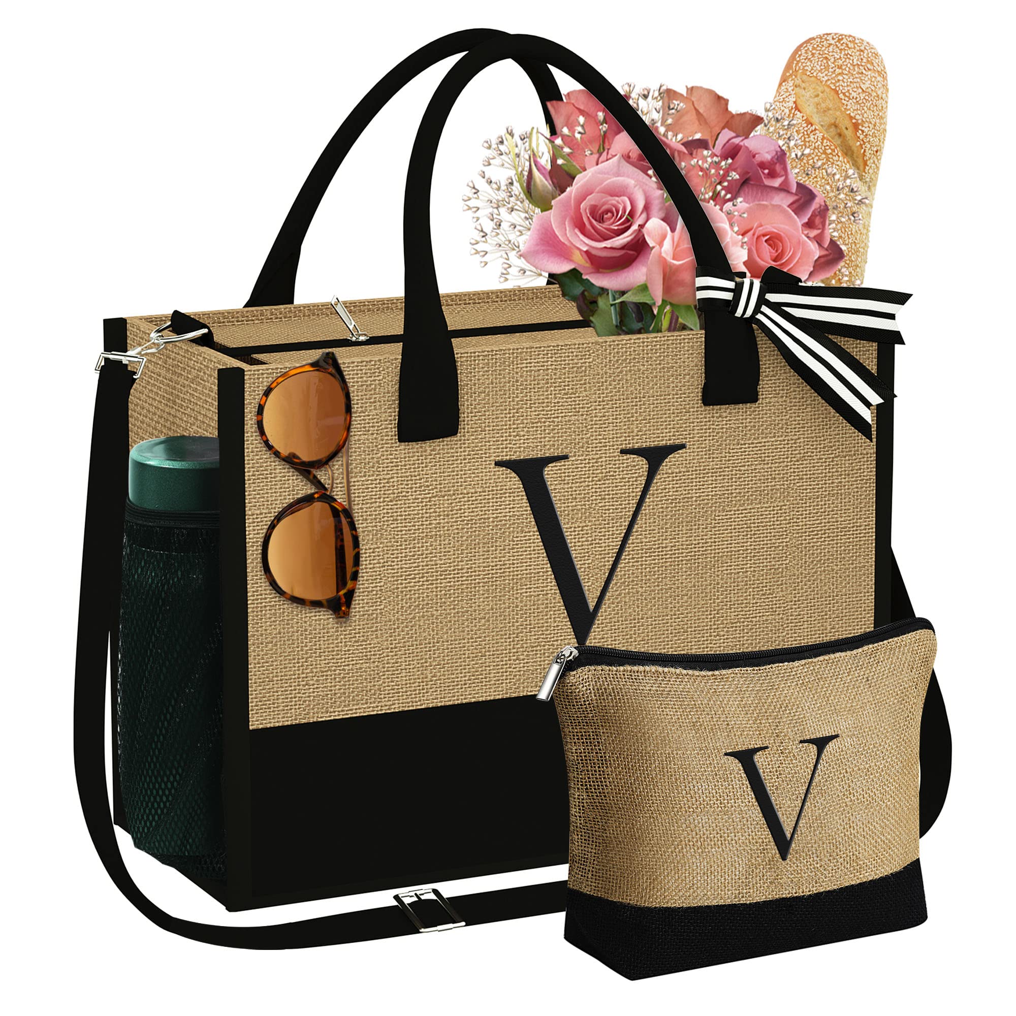 YOOLIFE Valentines Day Gifts for Her - Initial Jute Tote Bag & Makeup Bag, Birthday Gifts for Women Teacher Mom Wife Friend