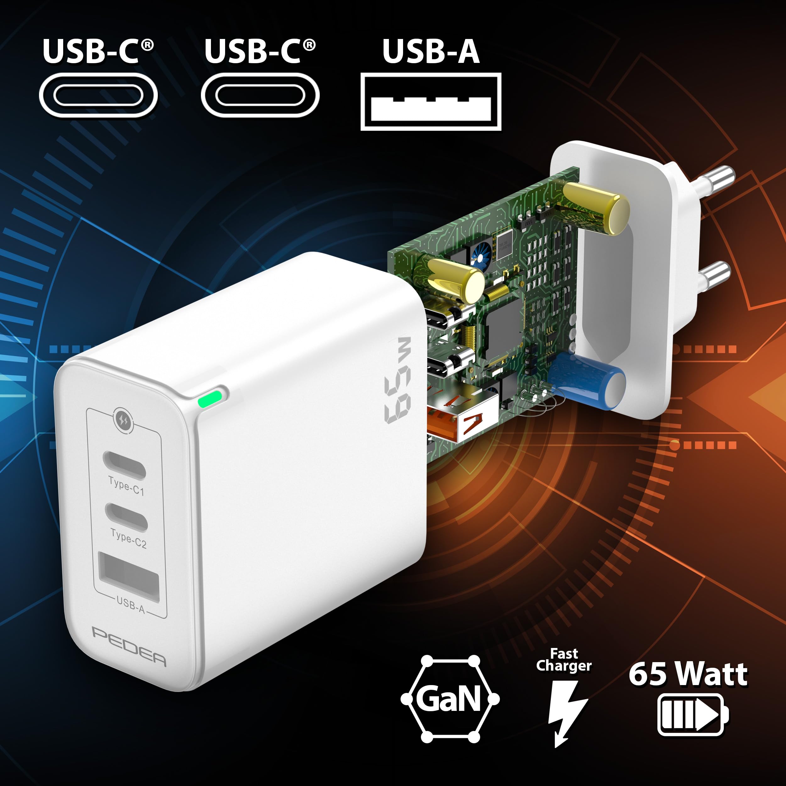 Pedea 65W USB-C (PD) Schnellladegerät - 3-Ports GaN Mehrfach Handy-Ladegerät mit USB-C und USB-A, weiß