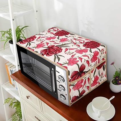 E-Retailer Polyester 3-Layered Microwave Oven Top Cover With 4 Utility Pockets Suitable for Upto 30 Liter (Color- Red, Size-36x14 Inches)