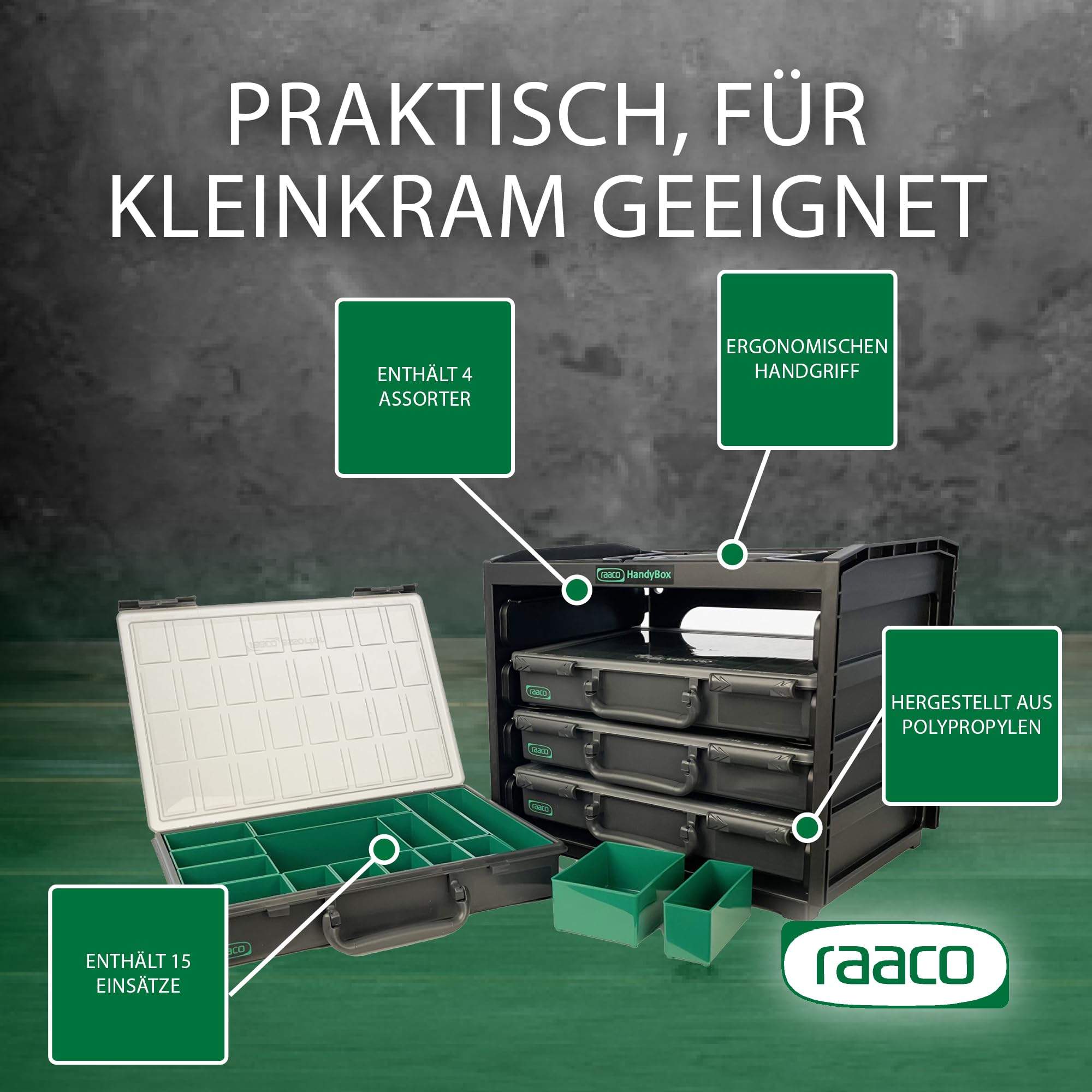 raaco HandyBox 55x4, Premium Sortimentskasten für Werkstatt, Tragerahmen mit 4 Sortierkasten für Kleinteile, Traglast 25 kg, Sichere Aufbewahrung, Kleinteilemagazin 26,5 x 37,6 x 31 cm