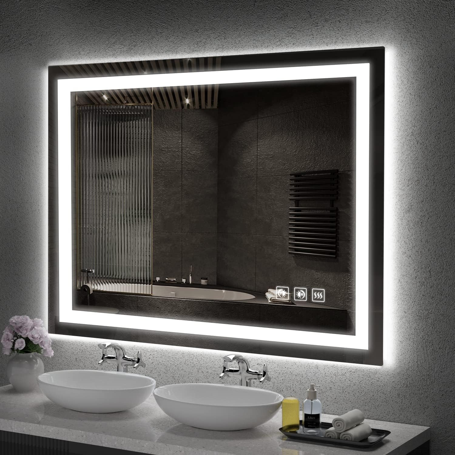 LED Mirror for Bathroom, 48x36 Inch Backlit + Front Lighted Bathroom Vanity Mirror with Lights for Wall, Double Light Strips, 3 Colors, Shatter-Proof, Anti-Fog and Brightness Memory 48"L x 36"W