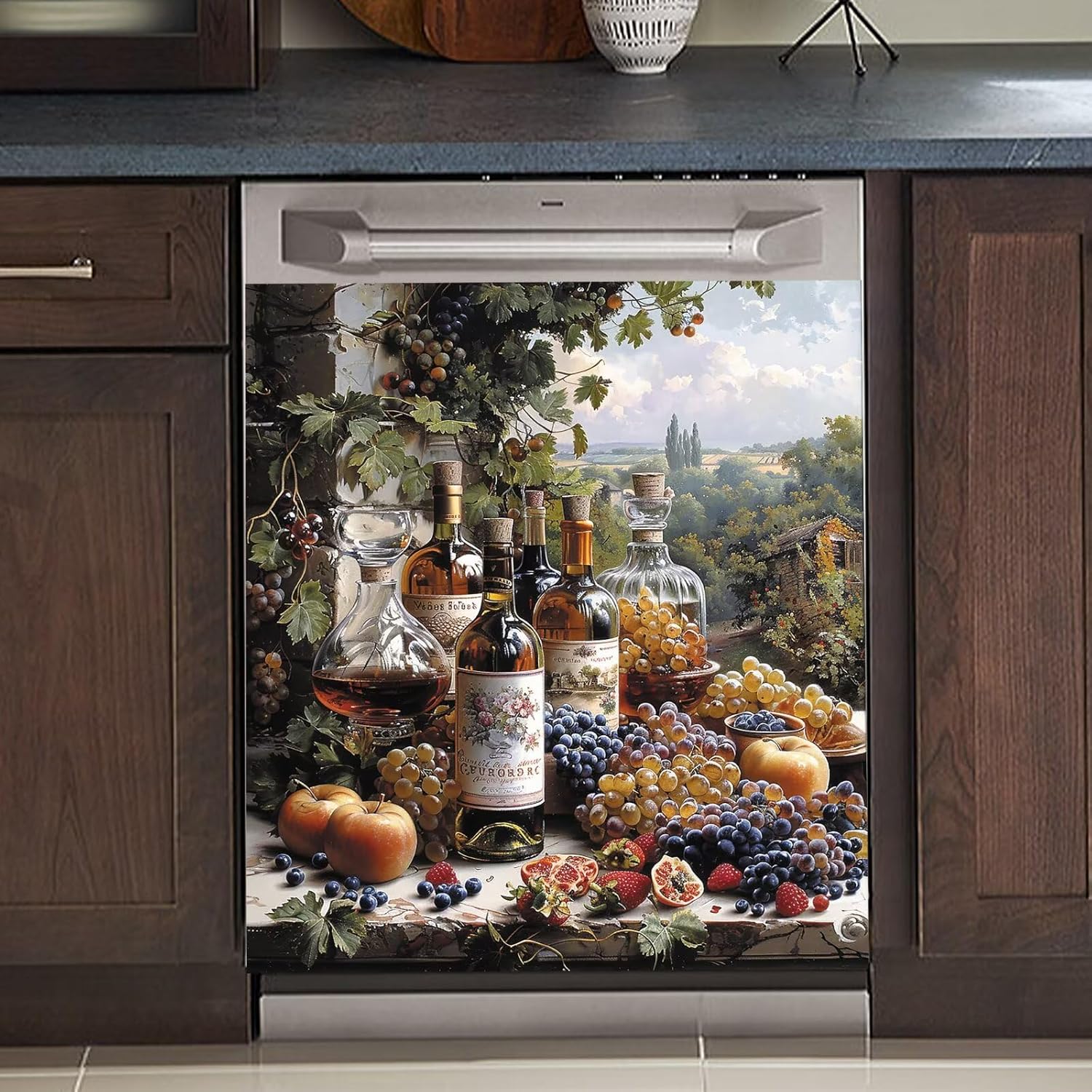 Grape and Wine Magnetic Dishwasher Cover,Wine Dishwasher Decorative Cover,Country Wine Sticker Magnet Door Panel Decal,Vintage Sticker Kitchen Decor,Oven Washing Machine Sticker